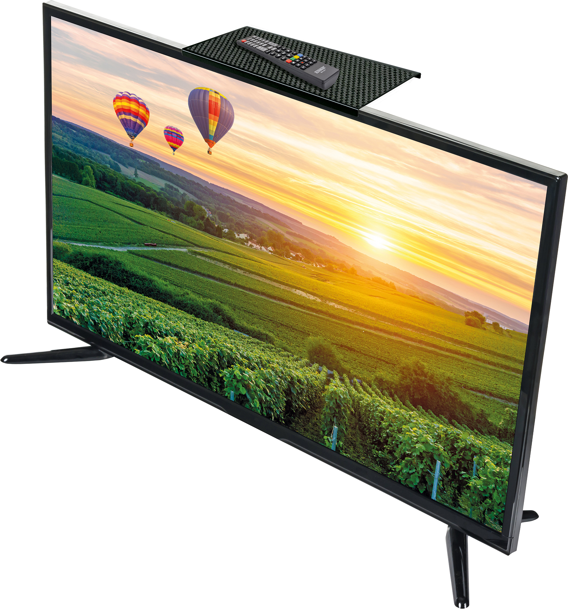 Fernseher mit Landschaftsszene auf dem Bildschirm, Fernbedienung oben und schwarzem Ständer.