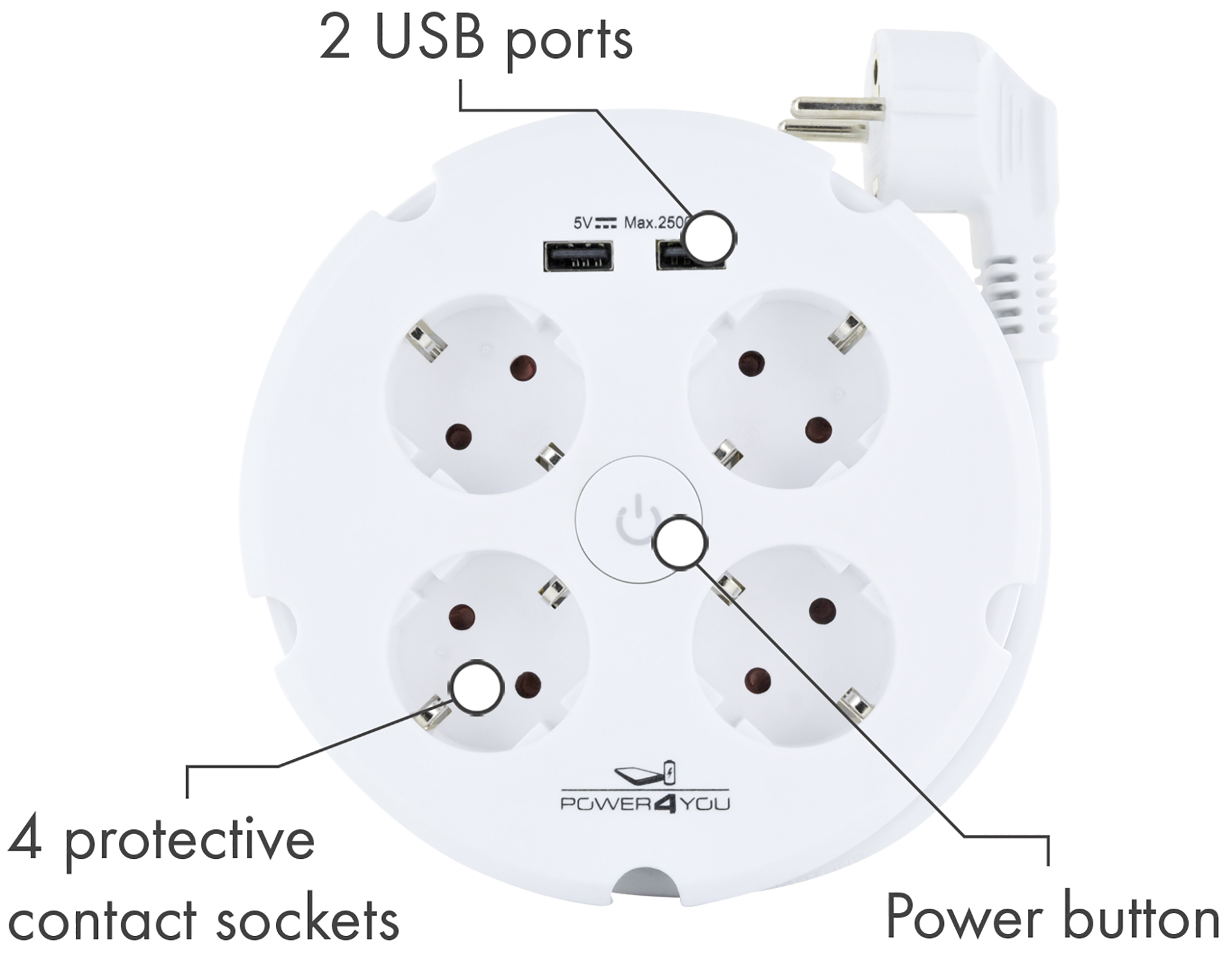 Weiße Steckdosenleiste mit vier Steckdosen, zwei USB-Anschlüssen und Ein-/Aus-Taste.