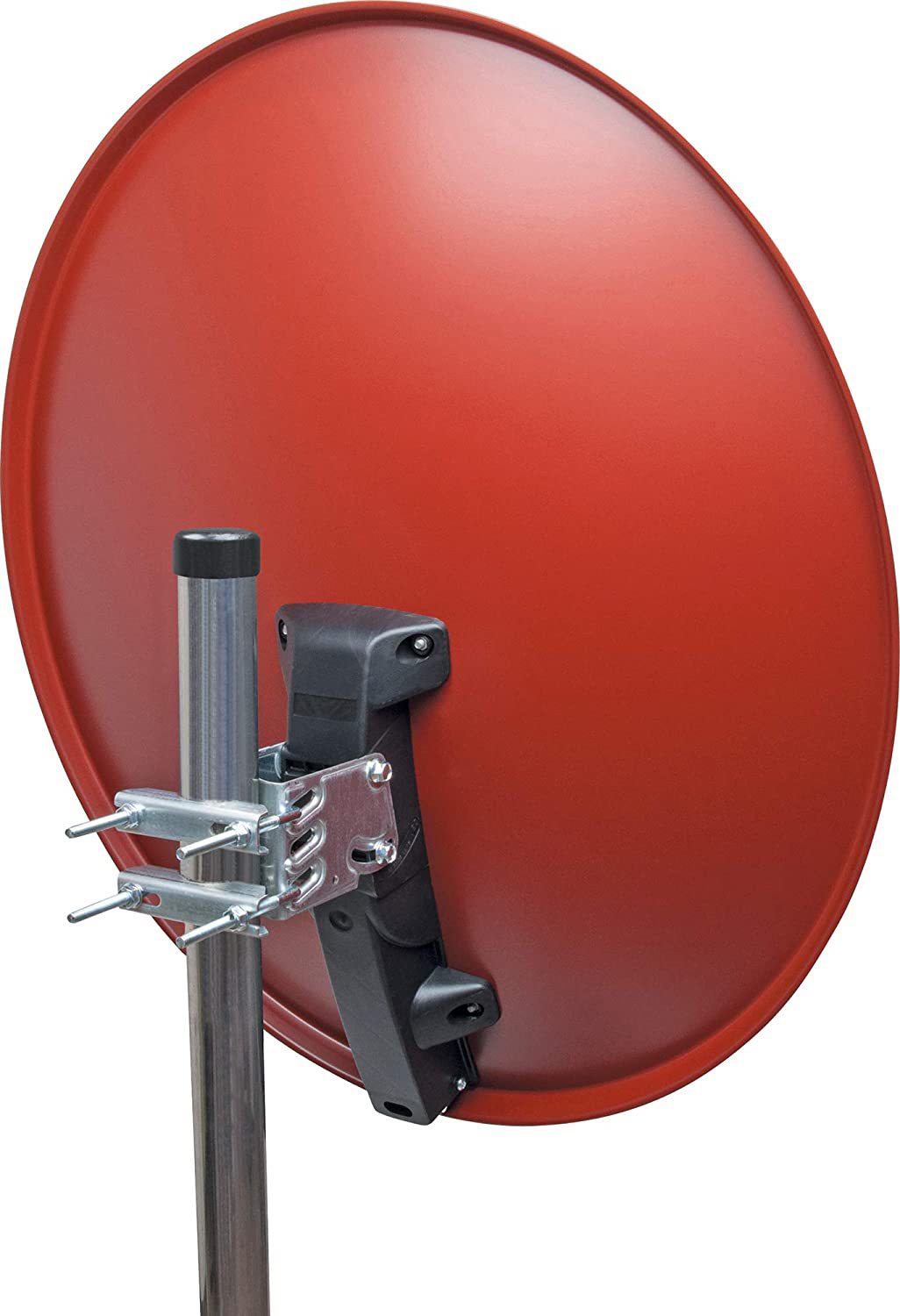 Roter Satellitenspiegel mit Montagezubehör und Stützstange. Weißer Hintergrund, Outdoor-Ausrüstung.