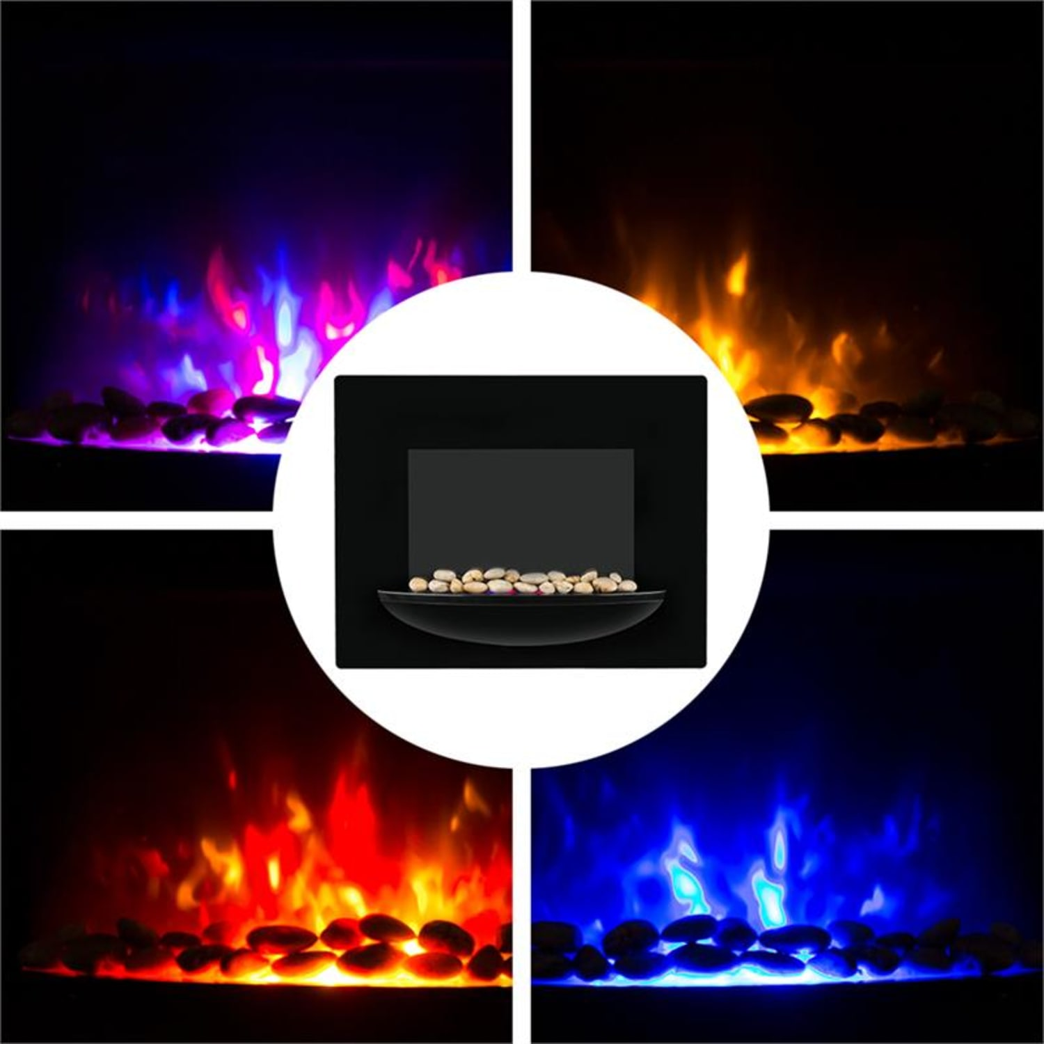 Quattro immagini mostrano un caminetto con fiamme di colori diversi su sfondo nero.
