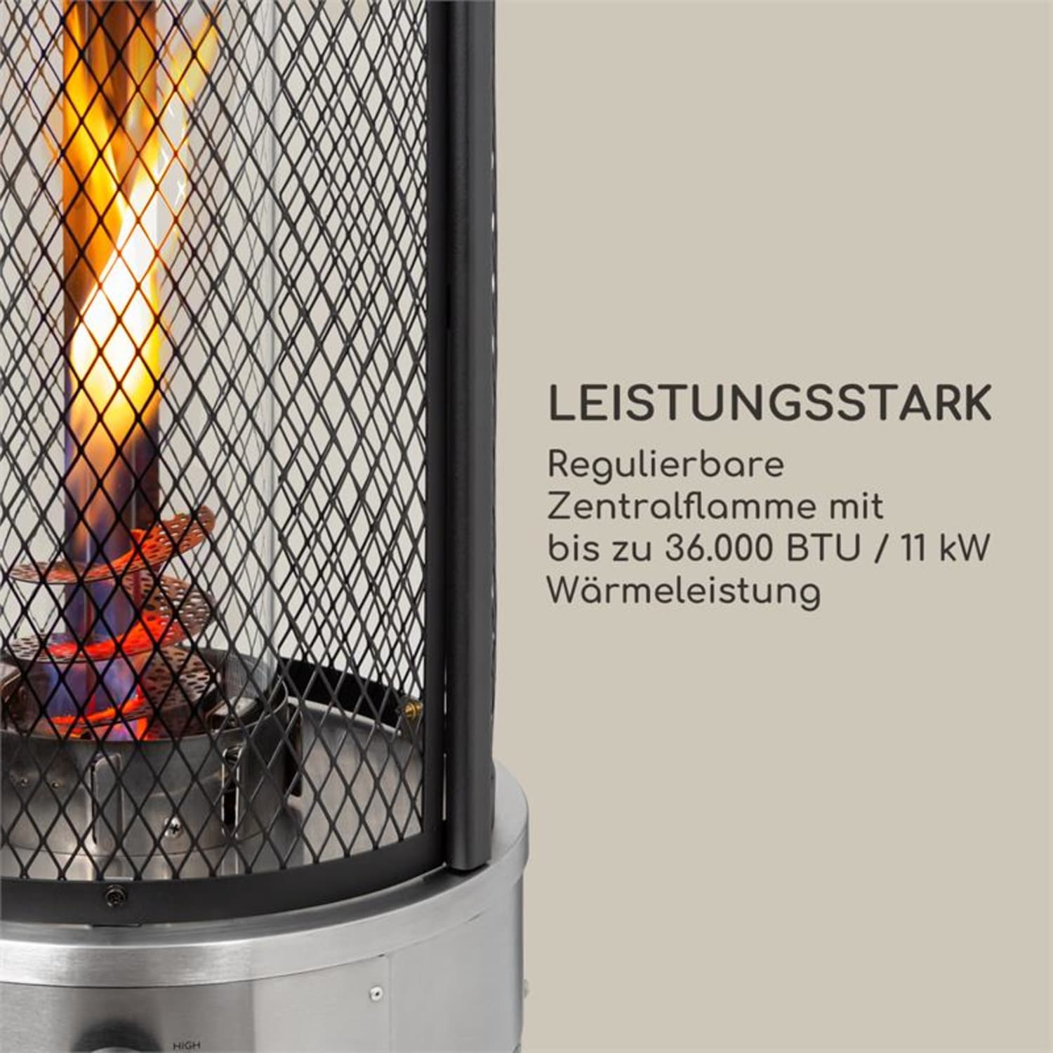 Außenheizer mit Flamme in Drahtgeflecht. Text sagt 