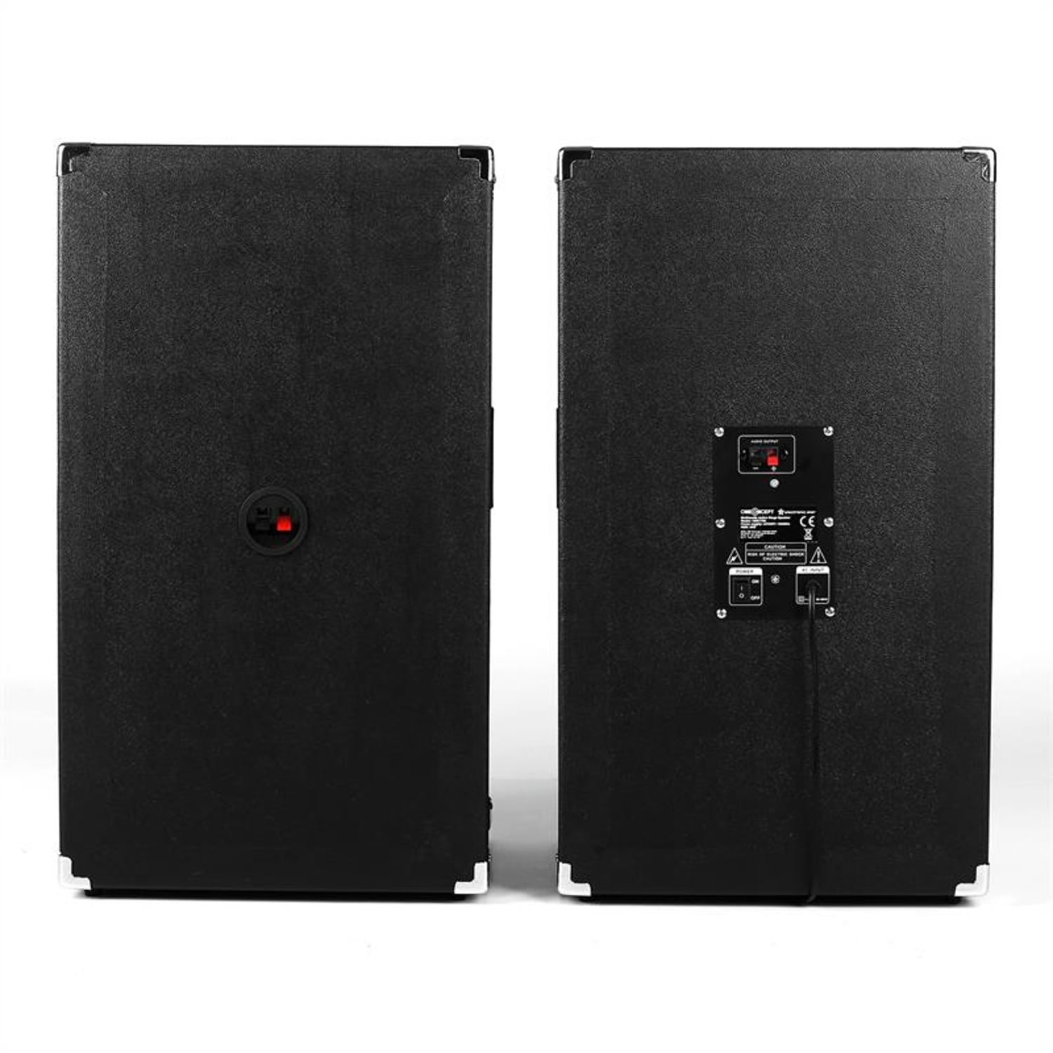 Zwei schwarze Lautsprecher, Vorder- und Rückansicht, zeigen die Vorderseite mit roter Mitte und Details.
