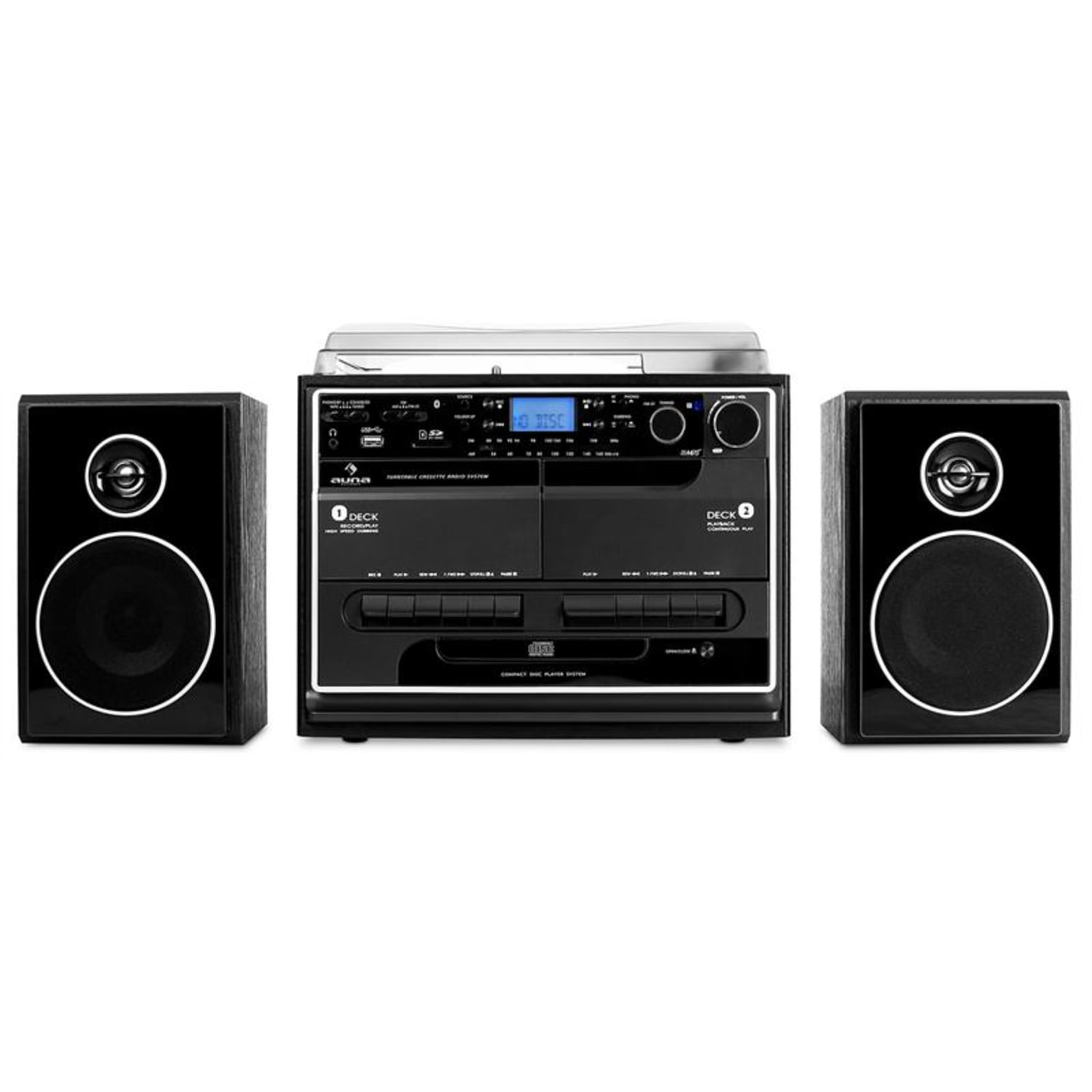 Schwarze Stereoanlage mit zwei Lautsprechern. Das System hat einen CD-Player, einen Plattenspieler und ein Radio.