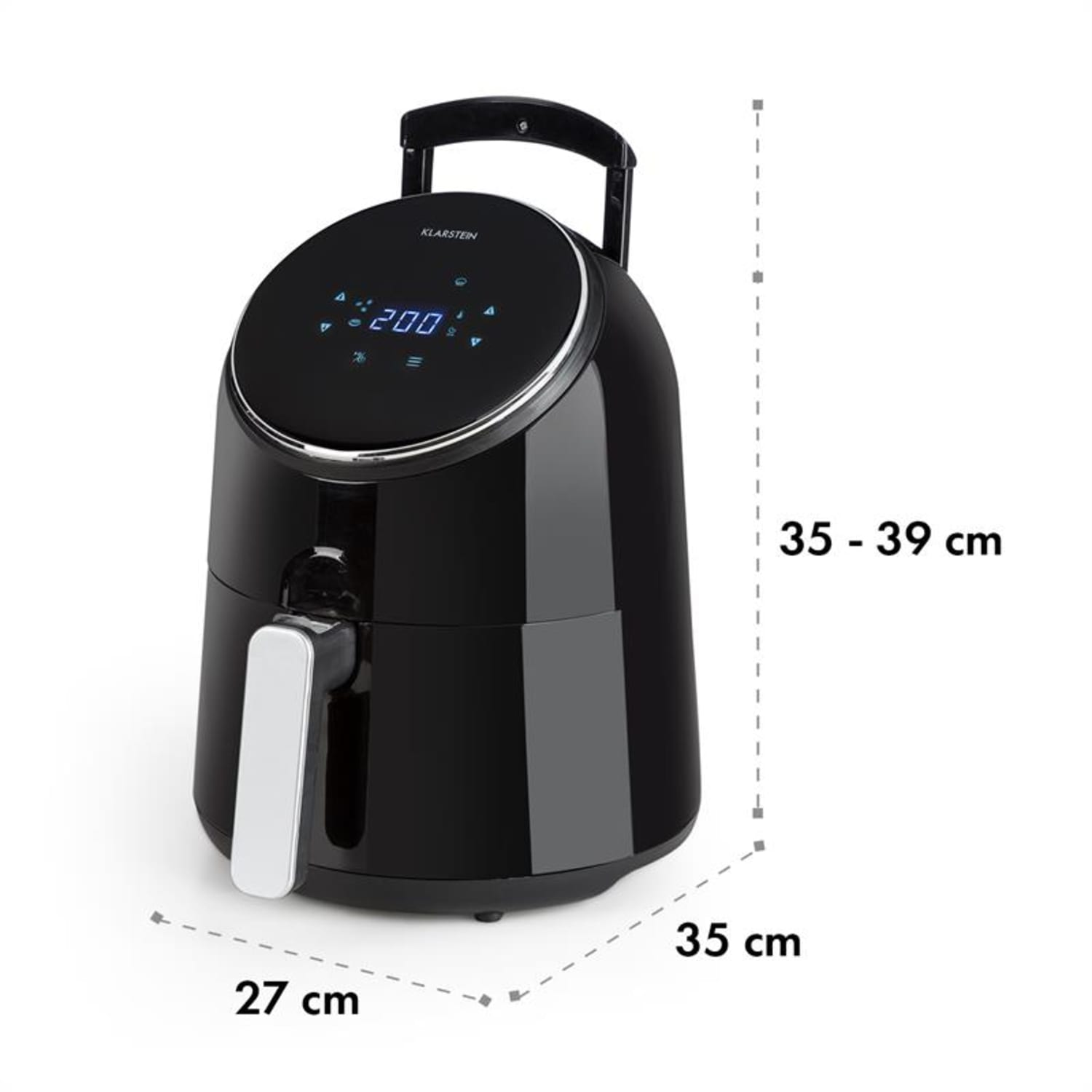 Friggitrice ad aria nera con display digitale che mostra 200 e dimensioni.