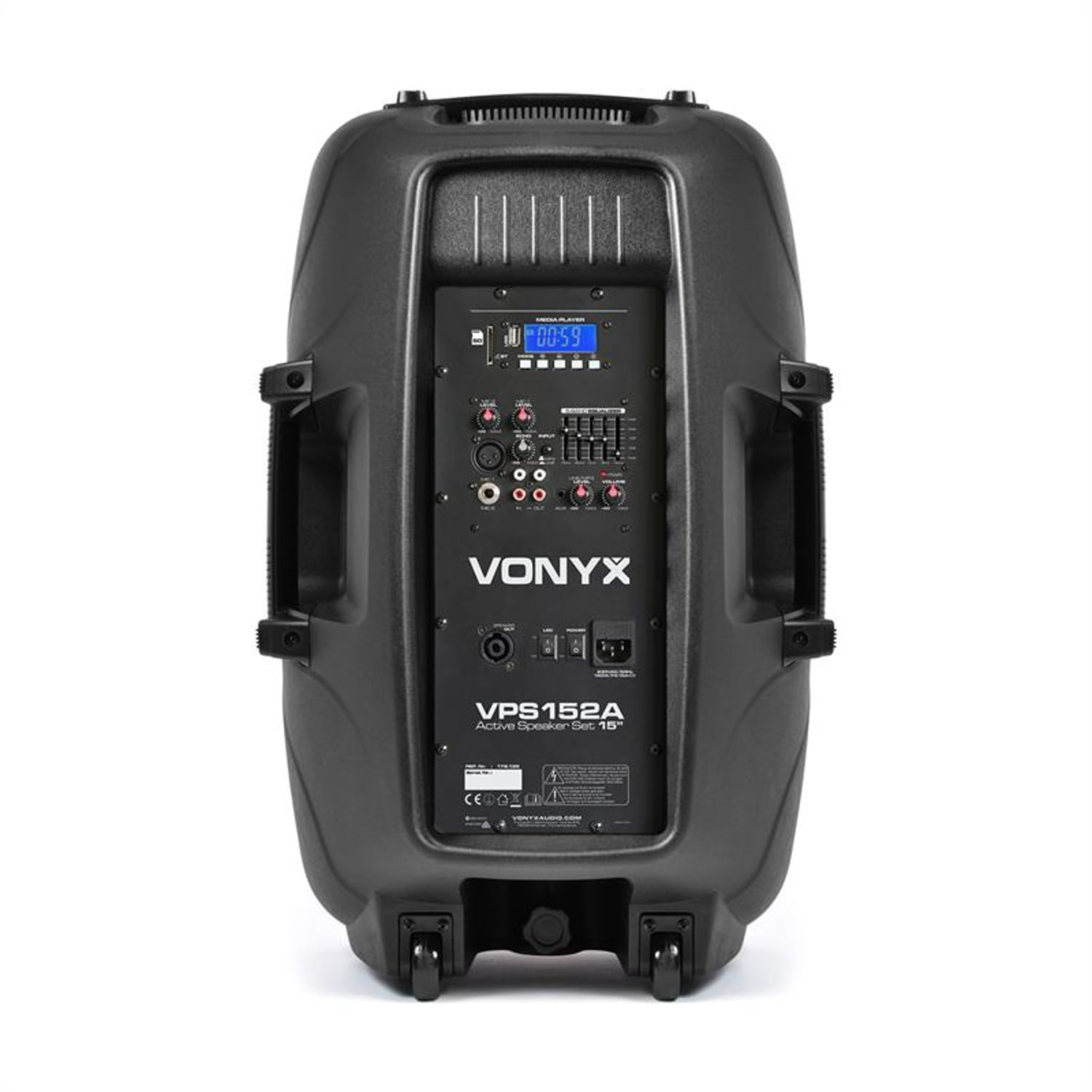 Parte trasera de altavoz negro con panel de control, ruedas y asas. Marca Vonyx. Fondo blanco.