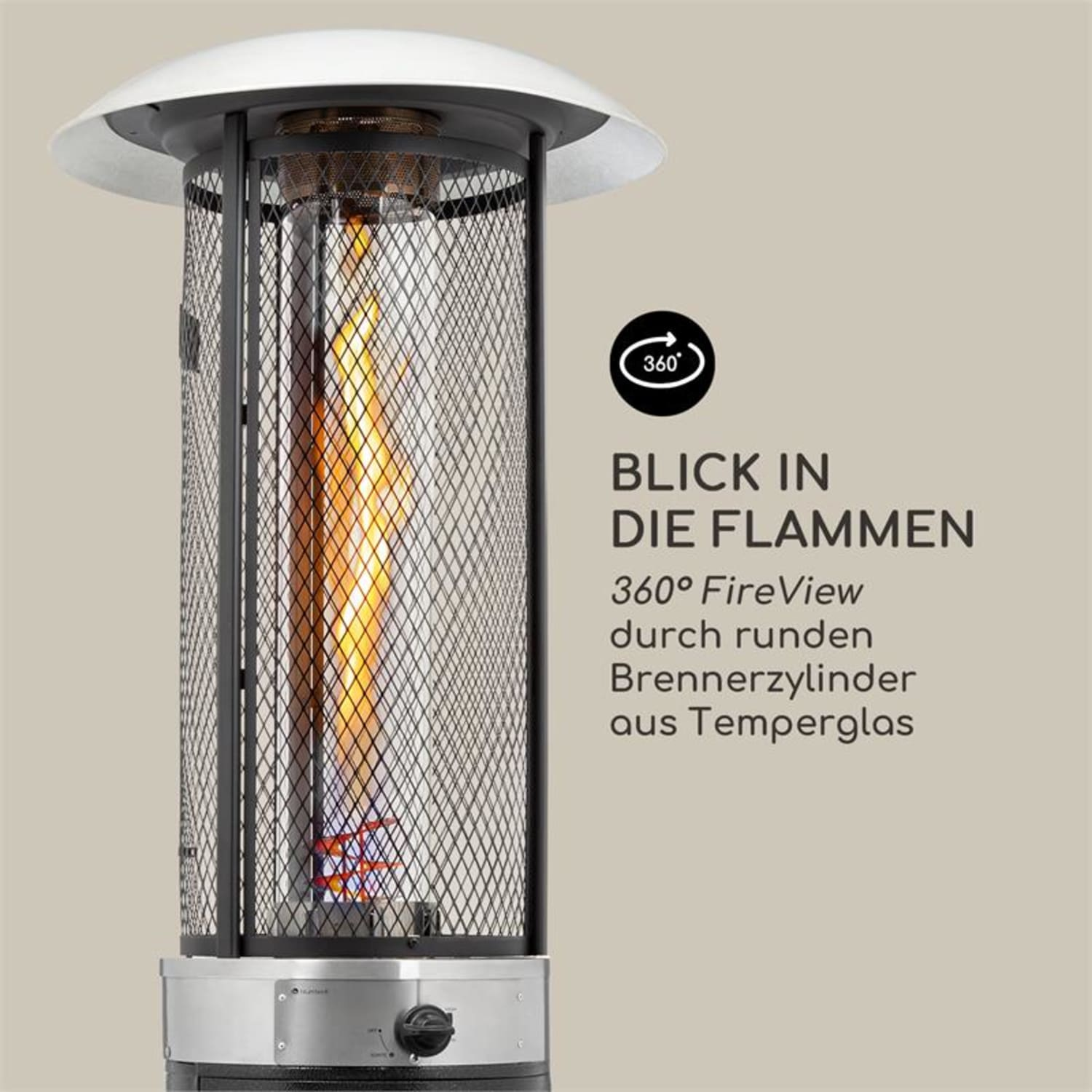 Ein zylindrischer Außenheizstrahler mit sichtbarer Flamme.