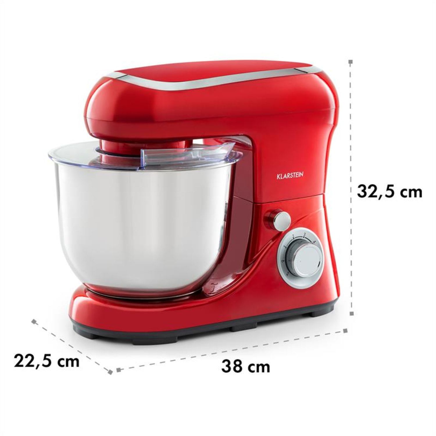 Roter Küchen-Standmixer. Es hat eine große Schüssel und Messmarkierungen.