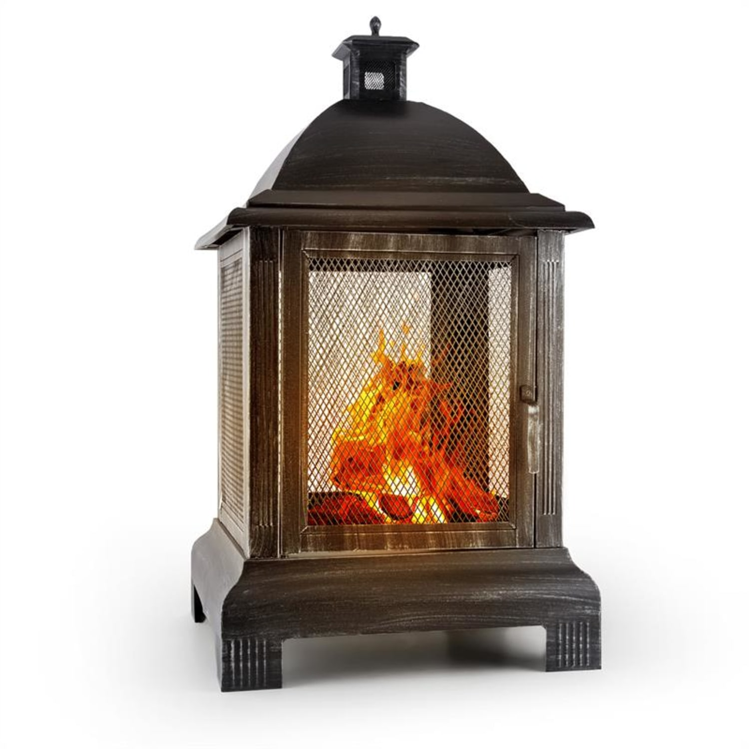 Dekorativer Kamin mit Metallrahmen und Flammeneffekt. Es befindet sich auf weißem Hintergrund.