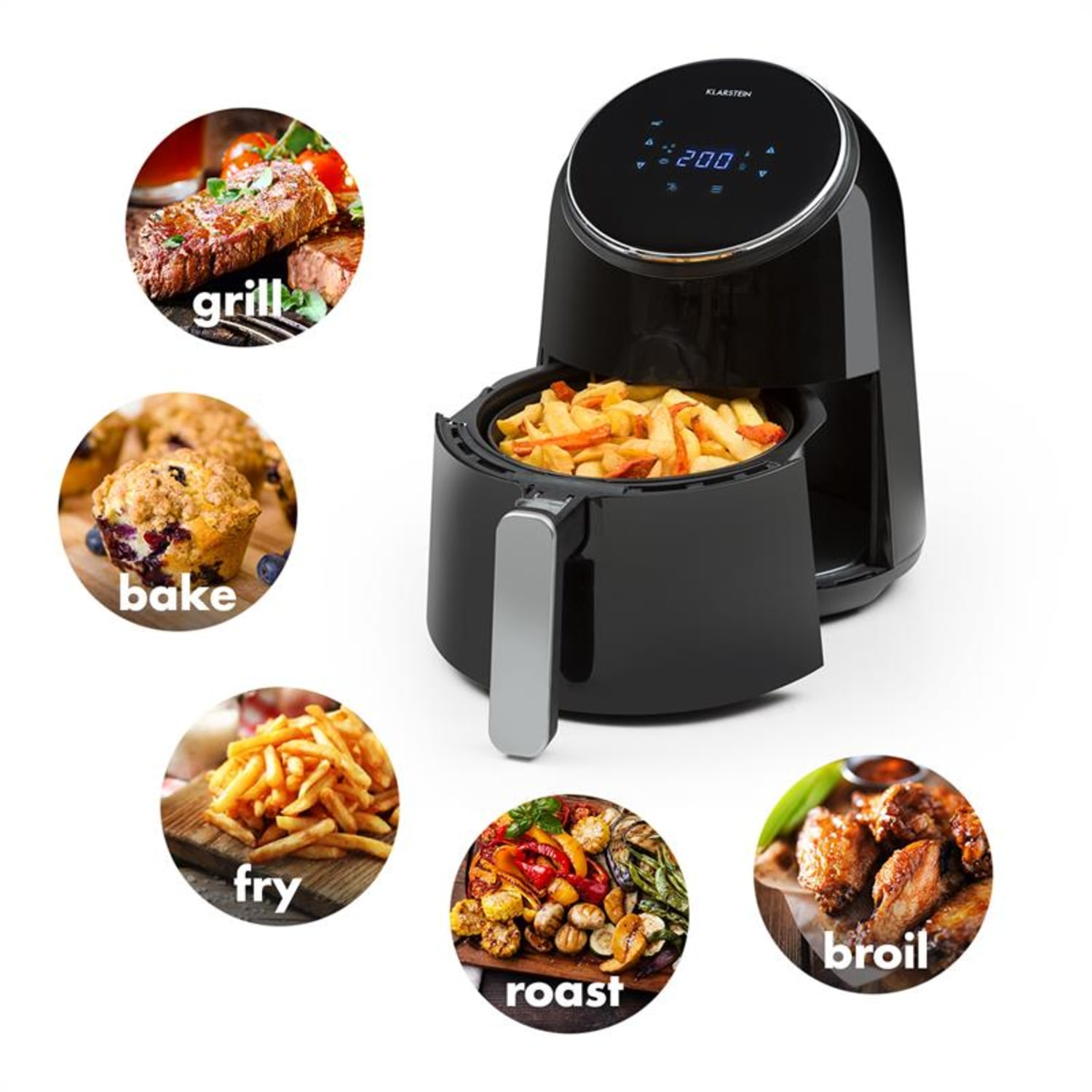Friggitrice ad aria nera con opzioni di cottura come grigliare, cuocere al forno, friggere, arrostire e cuocere, con immagini.