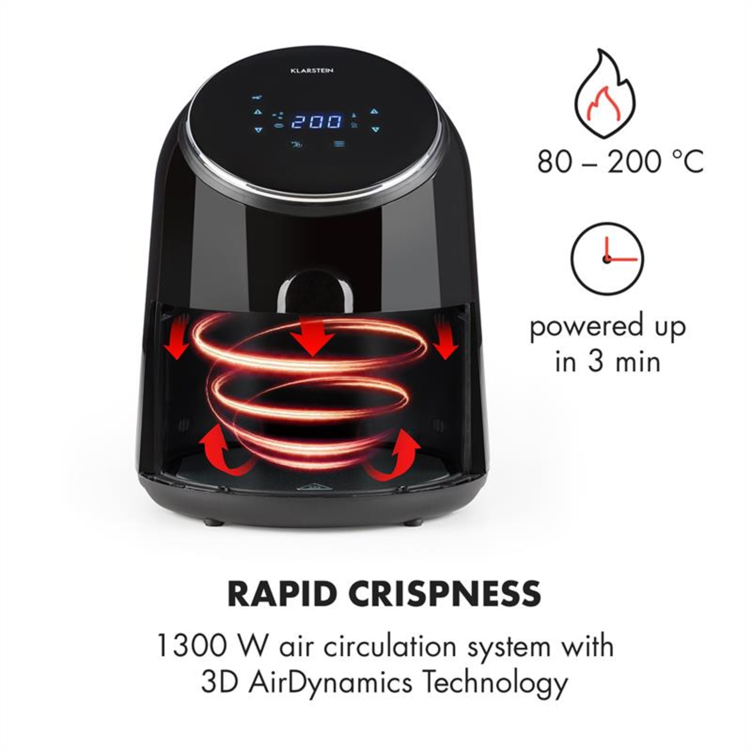 Friggitrice ad aria nera con frecce rosse, indicatori di temperatura e testo su sfondo bianco.