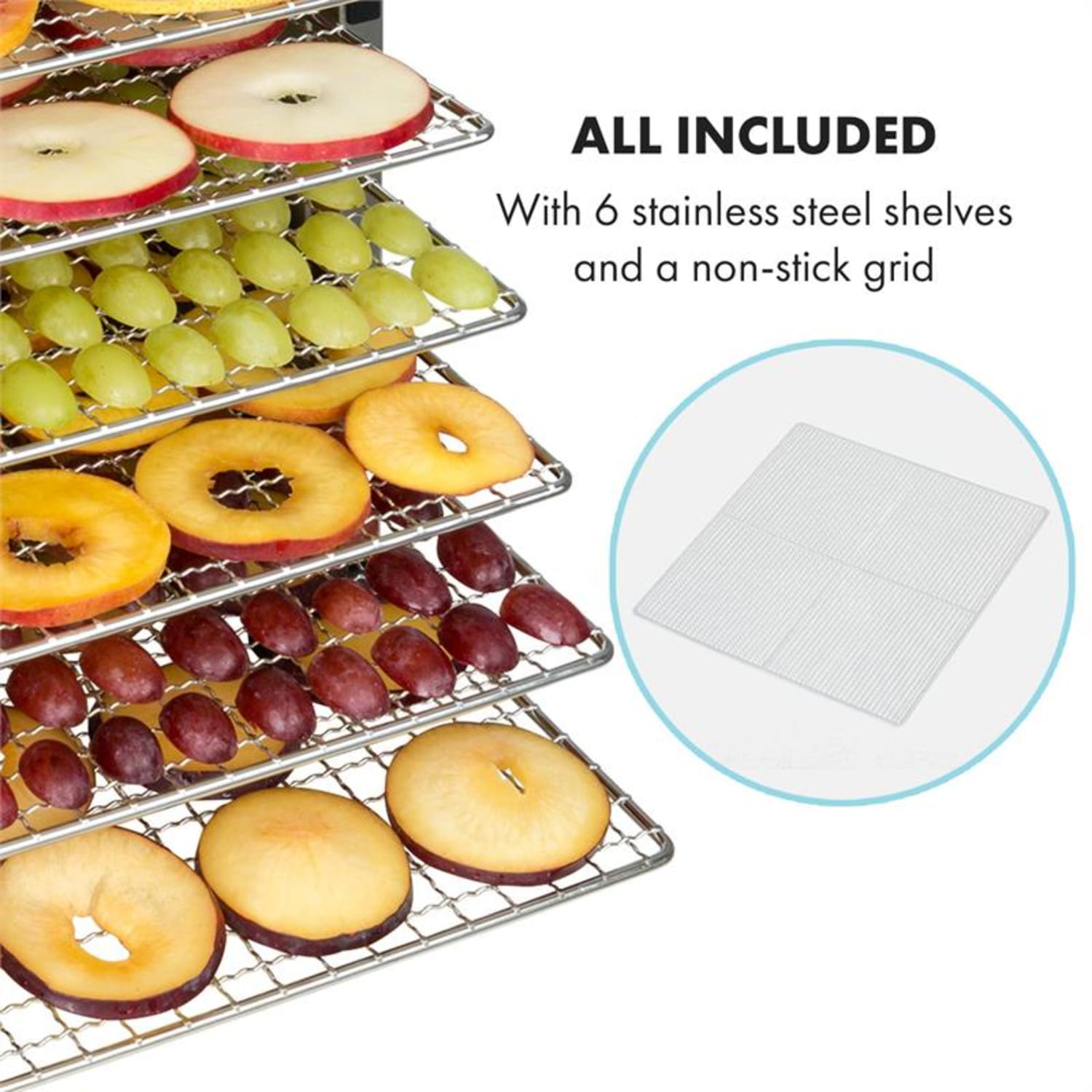 Essiccatore per alimenti con vassoi di frutta. Il testo recita: 'ALL INCLUDED' e 'With 6 stainless steel shelves'.