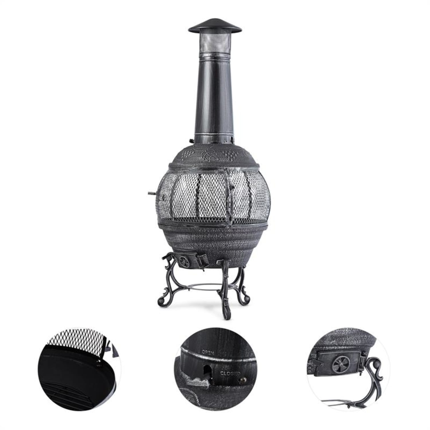 Eine verzierte Feuerstelle aus Metall mit Gitterseiten.