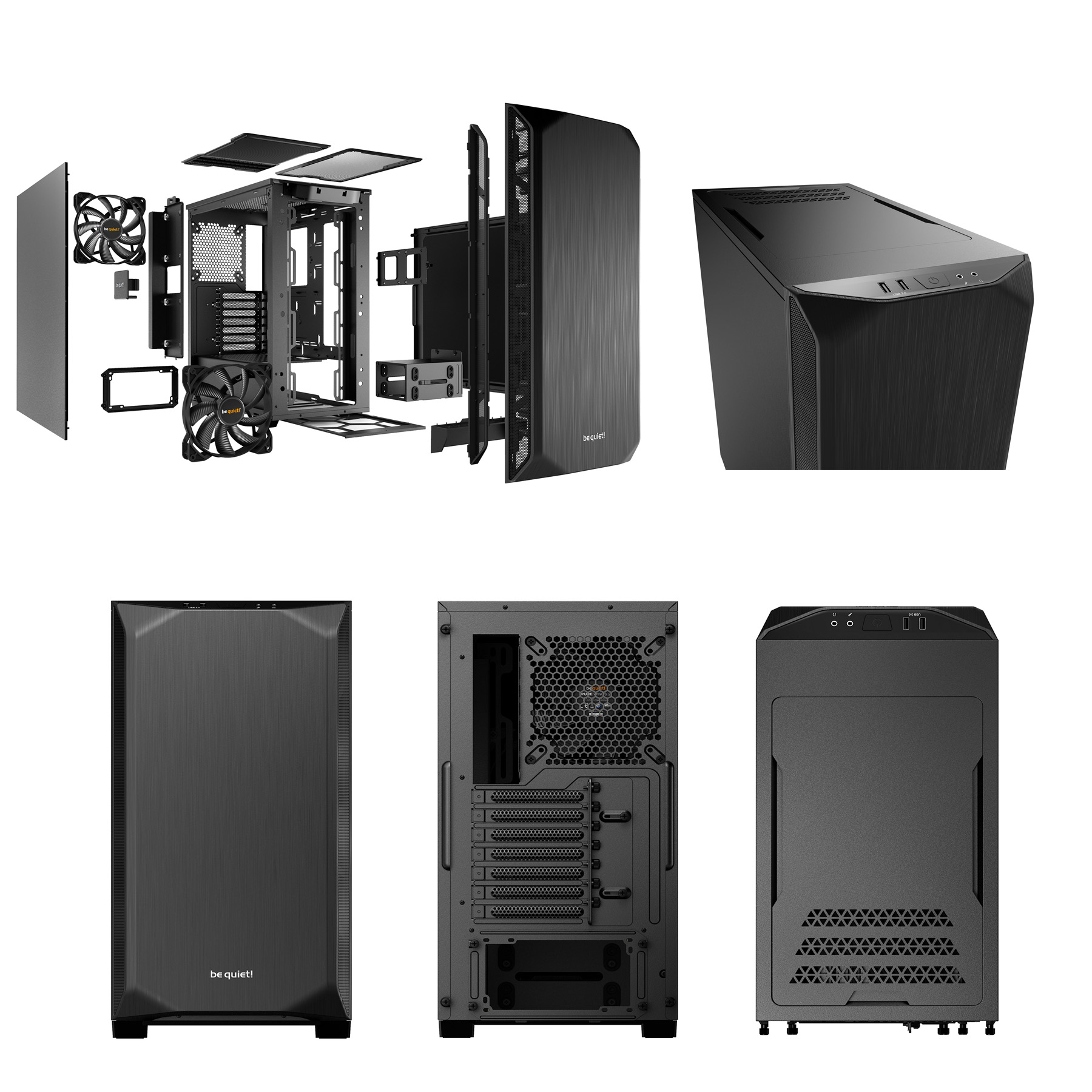 Zdemontowane czarne elementy obudowy komputera. Pokazano różne panele, wentylatory i części ramy.