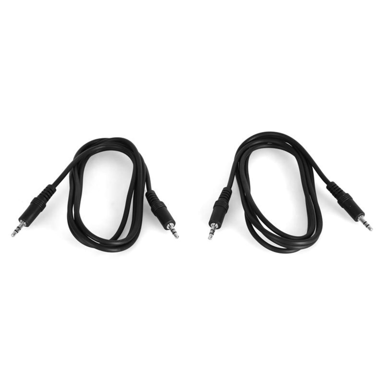 Zwei schwarze Audiokabel mit 3,5-mm-Klinkensteckern, vor weißem Hintergrund.