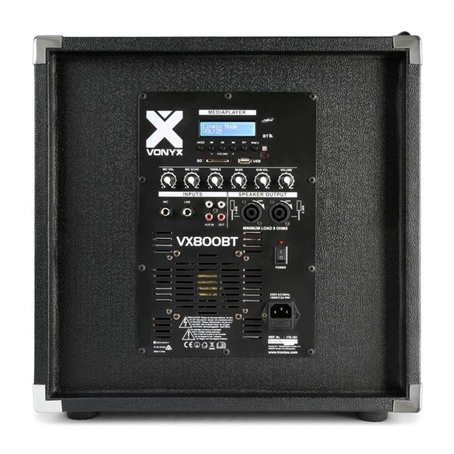 Ein schwarzer Vonyx VX800BT Lautsprecher mit Bedienfeld.