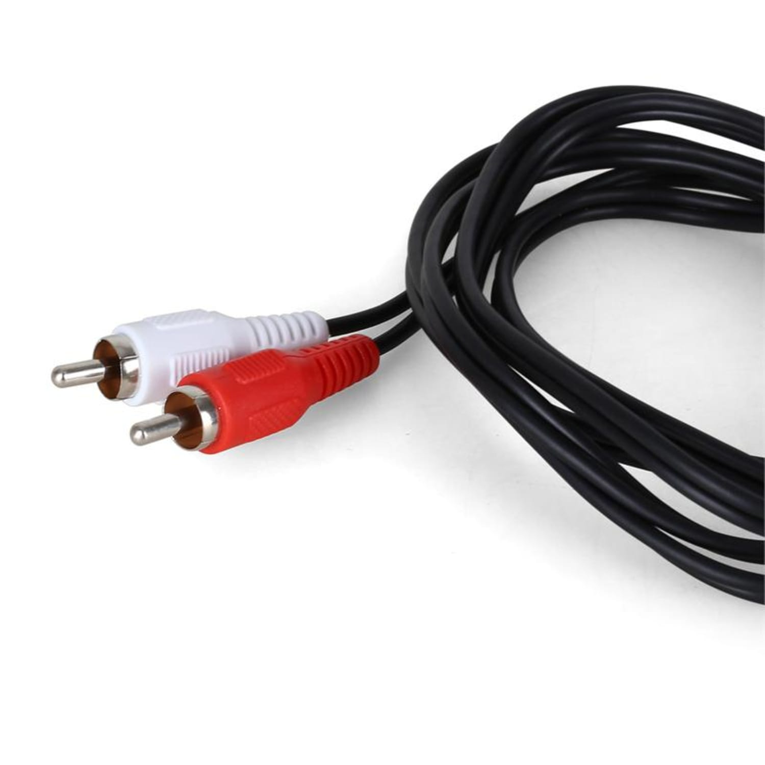 Zwei Cinch-Audiokabel mit roten und weißen Steckern und einem schwarzen Kabel.