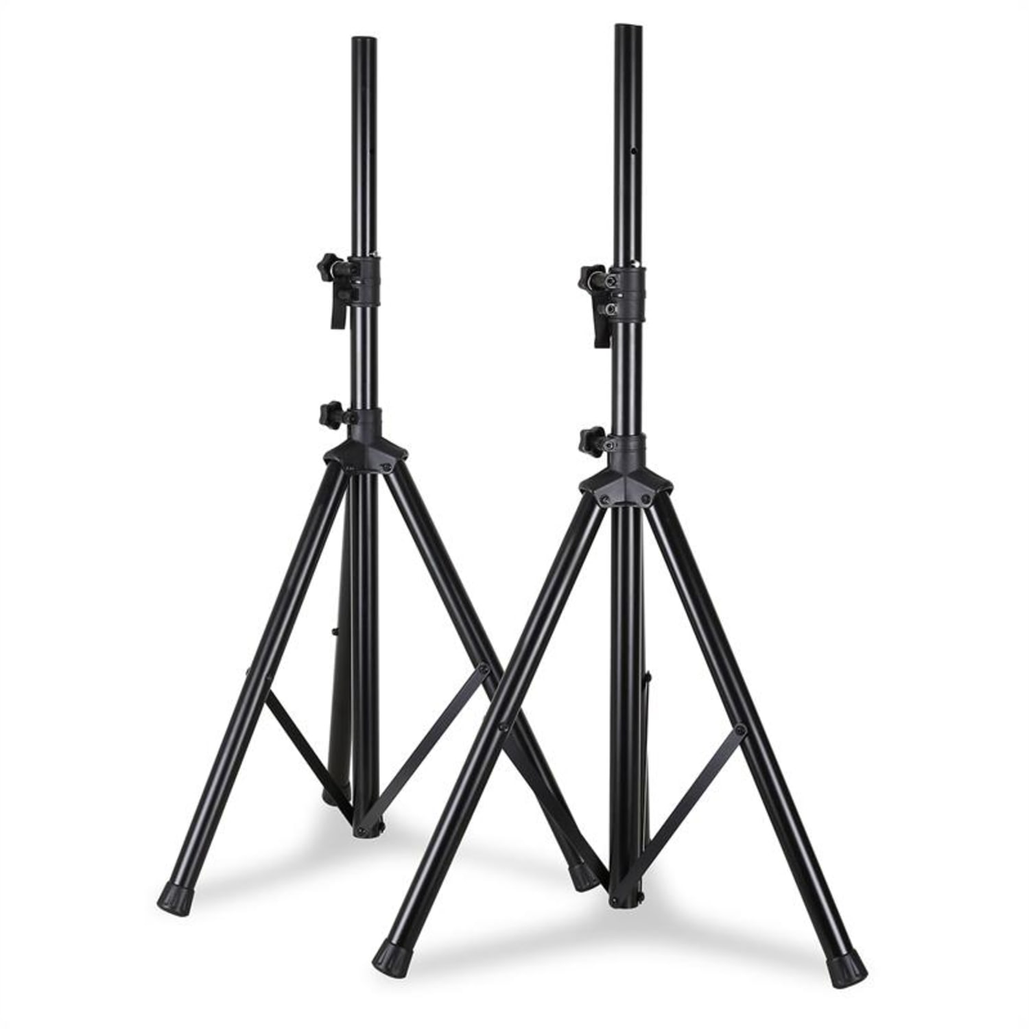 Dos soportes de altavoz negros, altura ajustable, sobre fondo blanco.