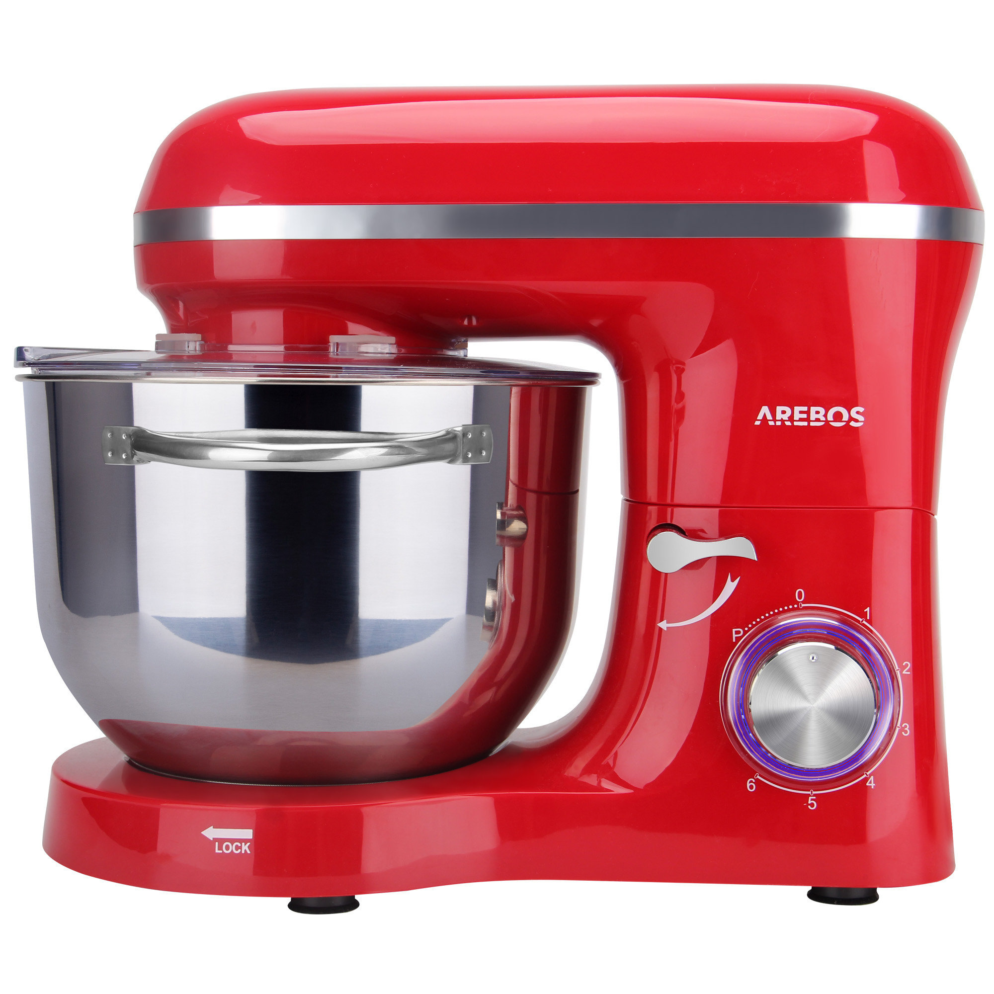 Roter Küchenmixer mit Edelstahlschüssel. Marke: AREBOS. Hat ein Zifferblatt und einen Hebel.