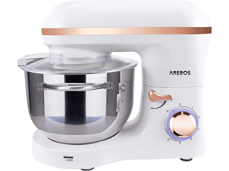 AREBOS 6 Speedlevels Küchenmaschine Weiß (Rührschüsselkapazität: 6 Liter, 1500 Watt)