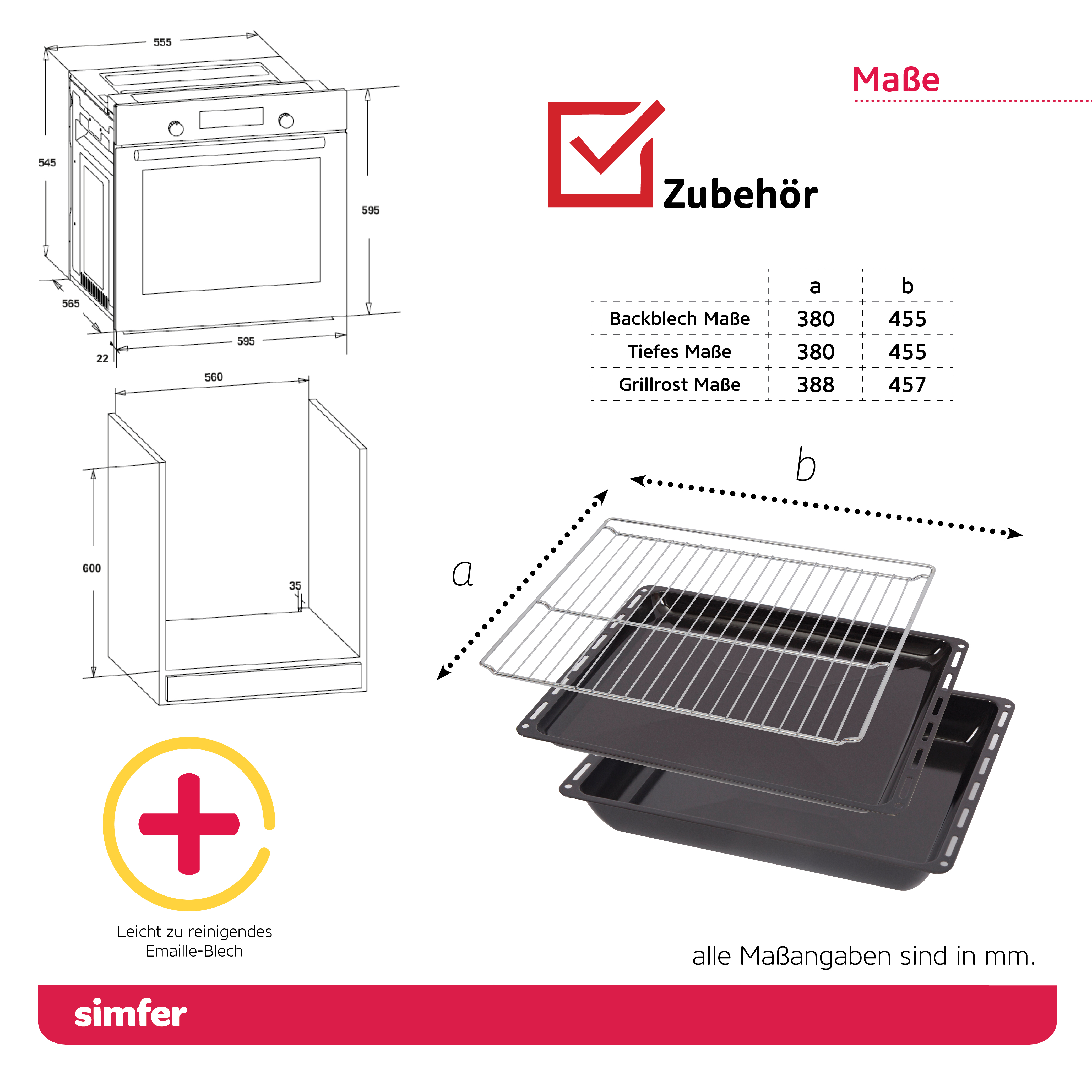 SIMFER SMF-BO 6813 Teleskopschiene, breit) (Einbaugerät, mm Backofen 9 Verglasung Timer, Digitaler Einbau-Backofen, 595 A, Liter, Funktionen, 2-fach 60