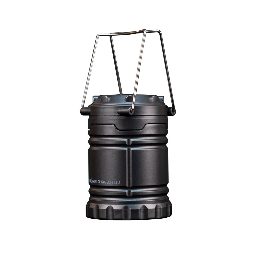 Schwarze, zusammenklappbare Laterne mit Griff. DÖRR CL-1285 SOFT LED-Etikett.