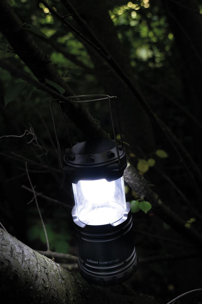 Eine leuchtende Laterne hängt an einem Ast in einem dunklen Wald. Die Laterne ist zylindrisch und schwarz.