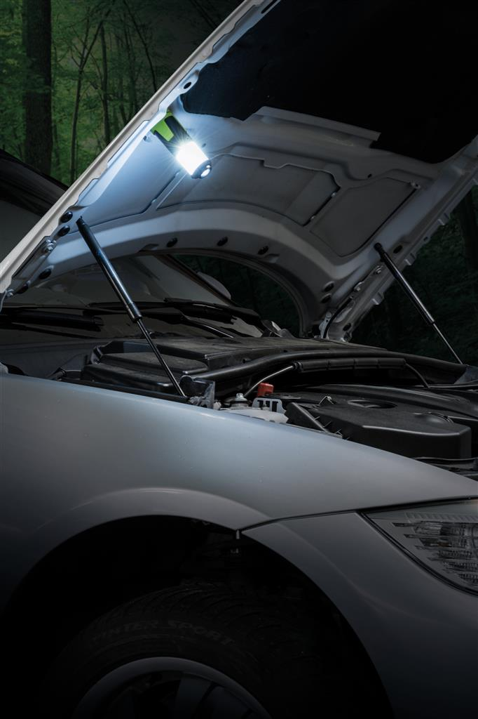 Autohaube offen, Arbeitslicht beleuchtet Motorkomponenten, dunkler Waldhintergrund.