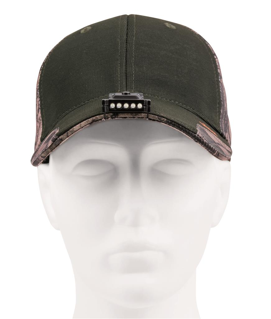 Eine Camouflage-Baseballkappe mit einem kleinen LED-Lichtstreifen vorne.