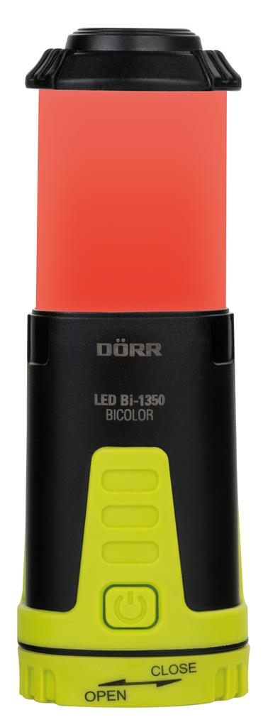 Eine schwarz-gelbe Taschenlampe mit rotem Licht. Sie hat Knöpfe und den Markennamen DORR.