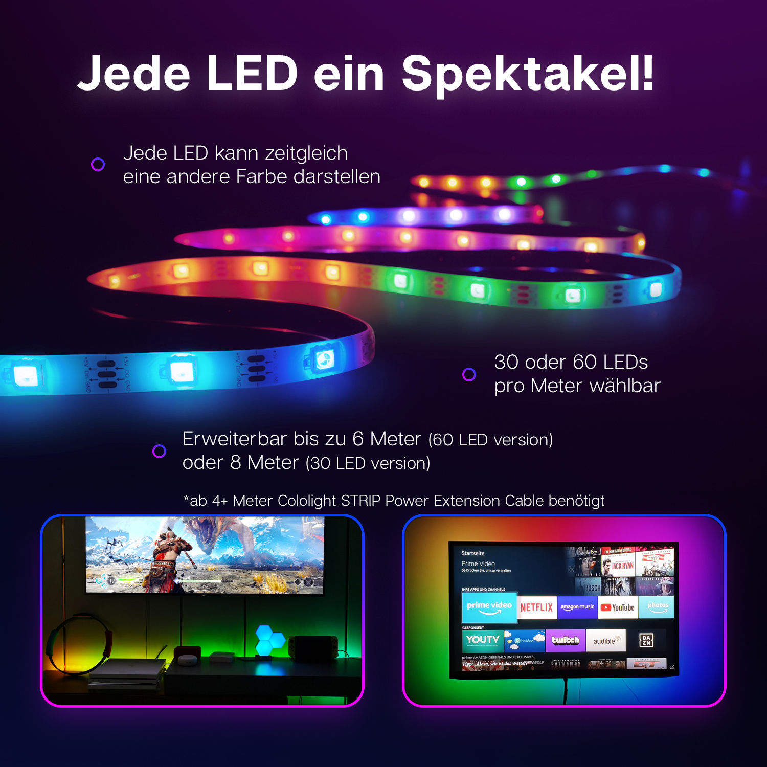 COLOLIGHT Cololight LED Strip Meter, Starter 30 mit RGB Meter, App-Steuerung LED Kit, RGB 2 Leuchtstreifen LED pro