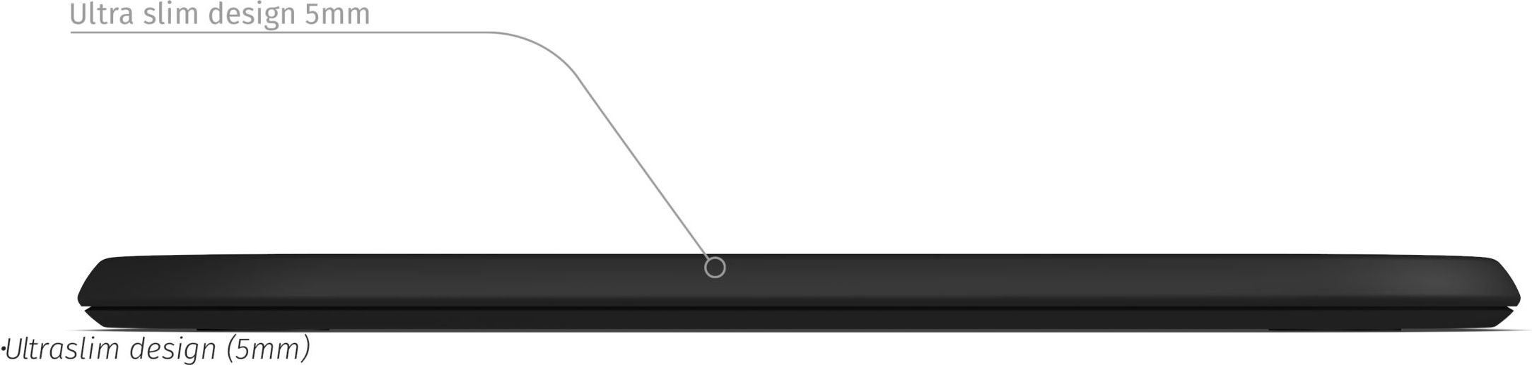 Seitenansicht eines schwarzen, flachen Geräts. Der Text deutet auf ein ultradünnes 5-mm-Design hin.