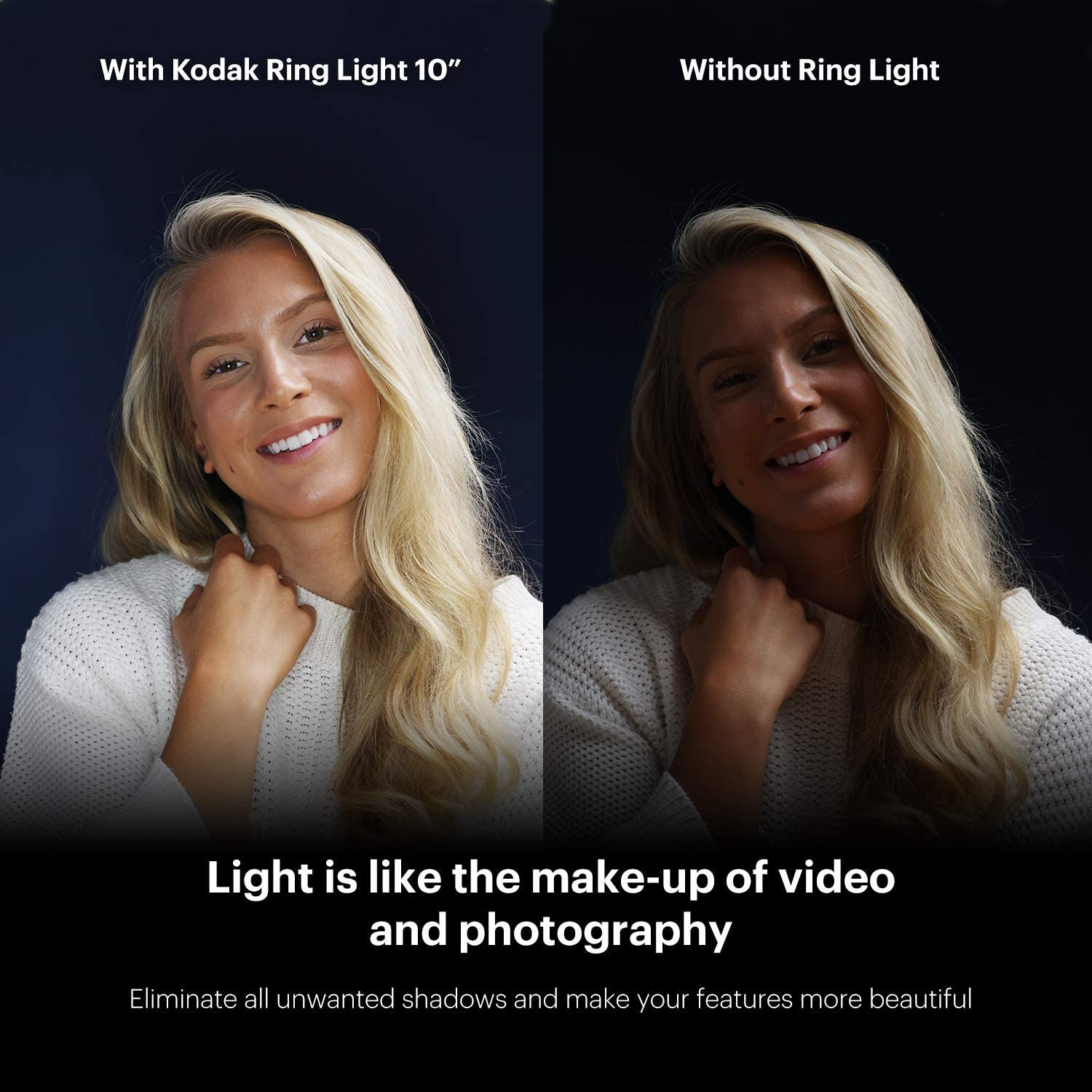 Zwei Fotos. Das Gesicht einer Frau mit und ohne Ringlicht. Text besagt, dass Licht wie Make-up ist.