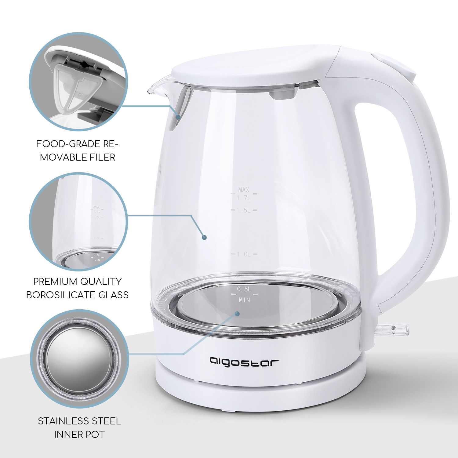 Weißer und klarer Glas-Elektrokessel mit Edelstahl-Innentopf. Details zeigen Filter und Wasserstandsanzeigen.