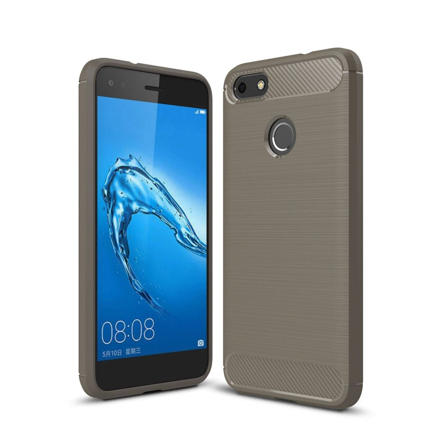Telefon in grauem Gehäuse, zwei Ansichten, Bildschirm und Rückseite mit Kamera, isoliert.