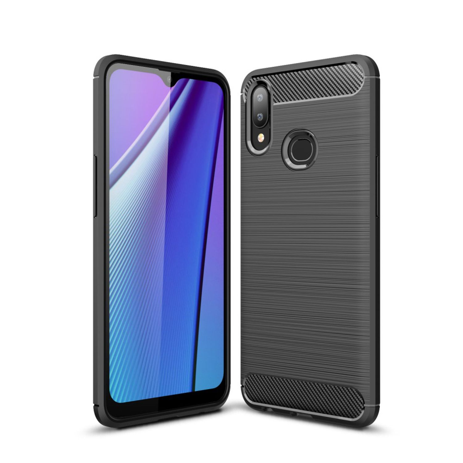 Zwei Smartphones, eines mit Bildschirm. Beide in strukturierten, dunkelgrauen Hüllen.
