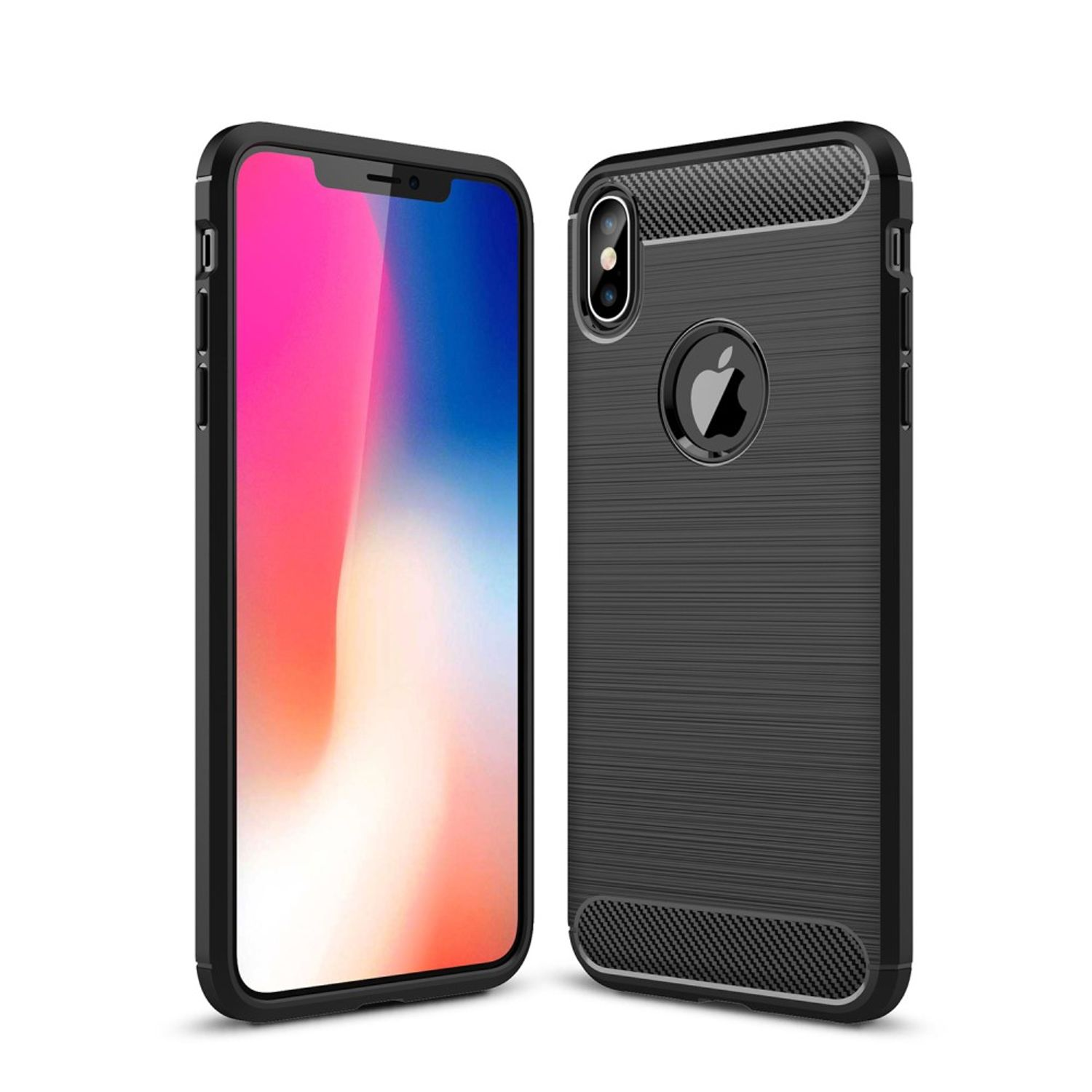 Schwarzes Telefon in einer Hülle. Die Hülle hat ein schwarzes Apple-Logo. Der Bildschirm ist an.