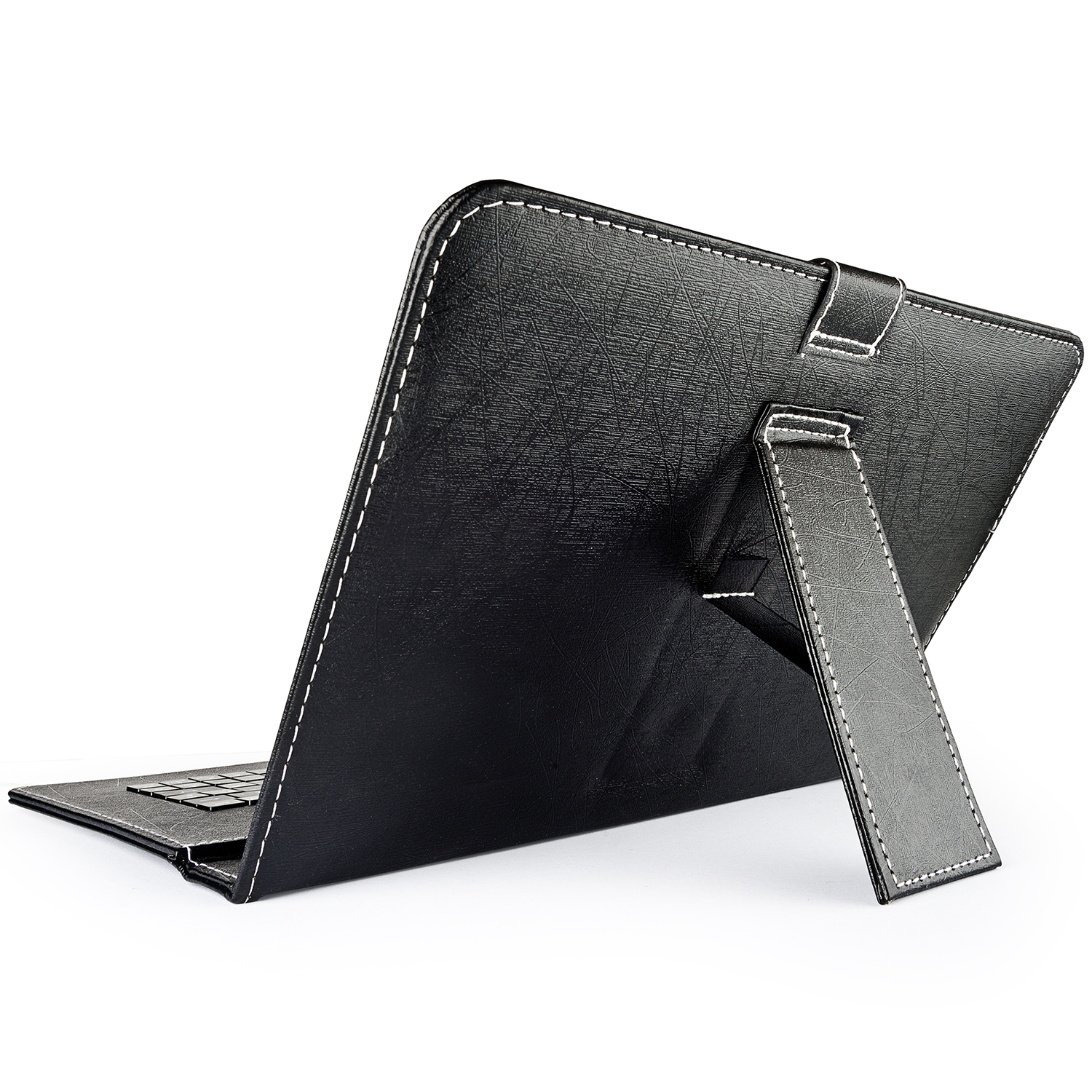 Schwarze Tablet-Hülle aus Leder mit Ständer. Weiße Nähte und ein grauer Ständer. Weißer Hintergrund.