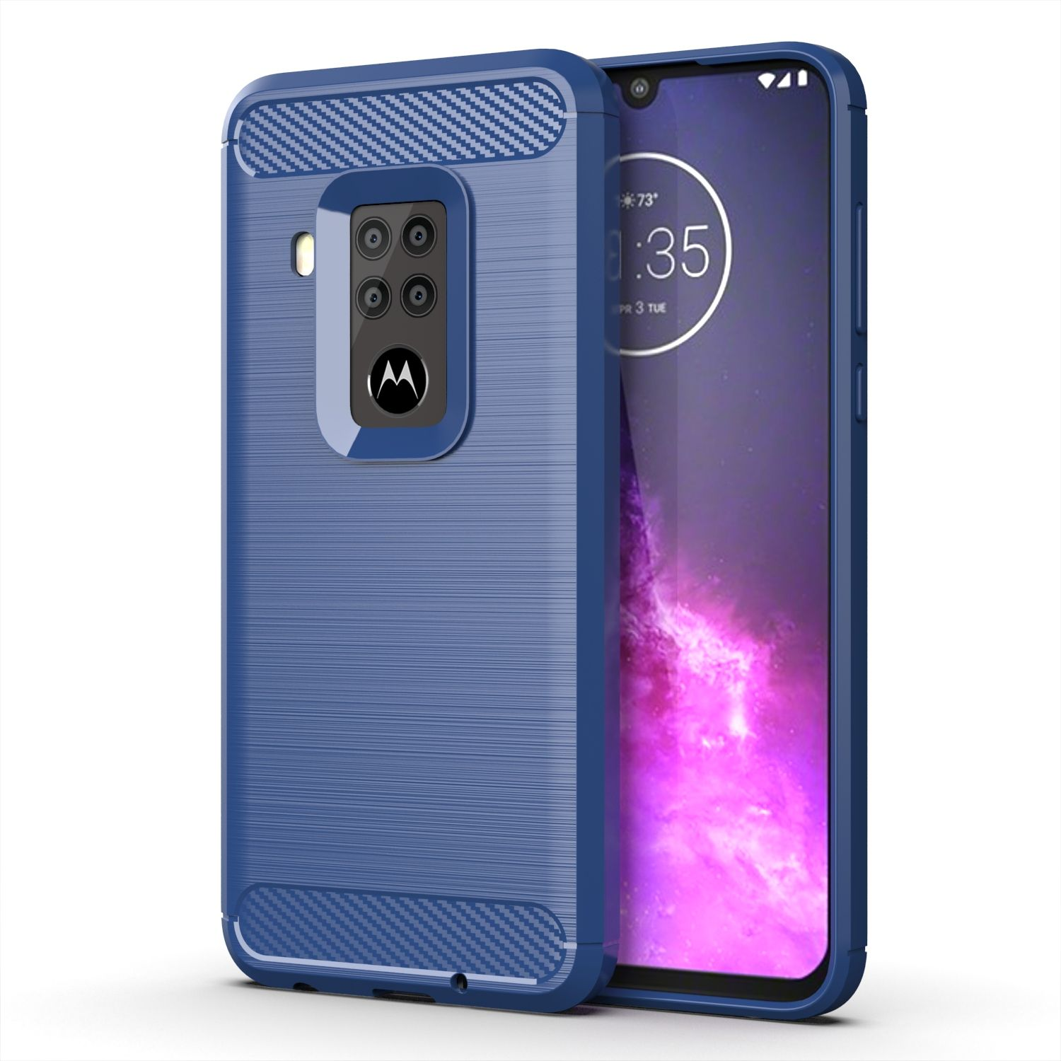 Blaues Telefon mit Hülle, zwei Ansichten. Eins zeigt den Bildschirm, das andere die Rückseite.