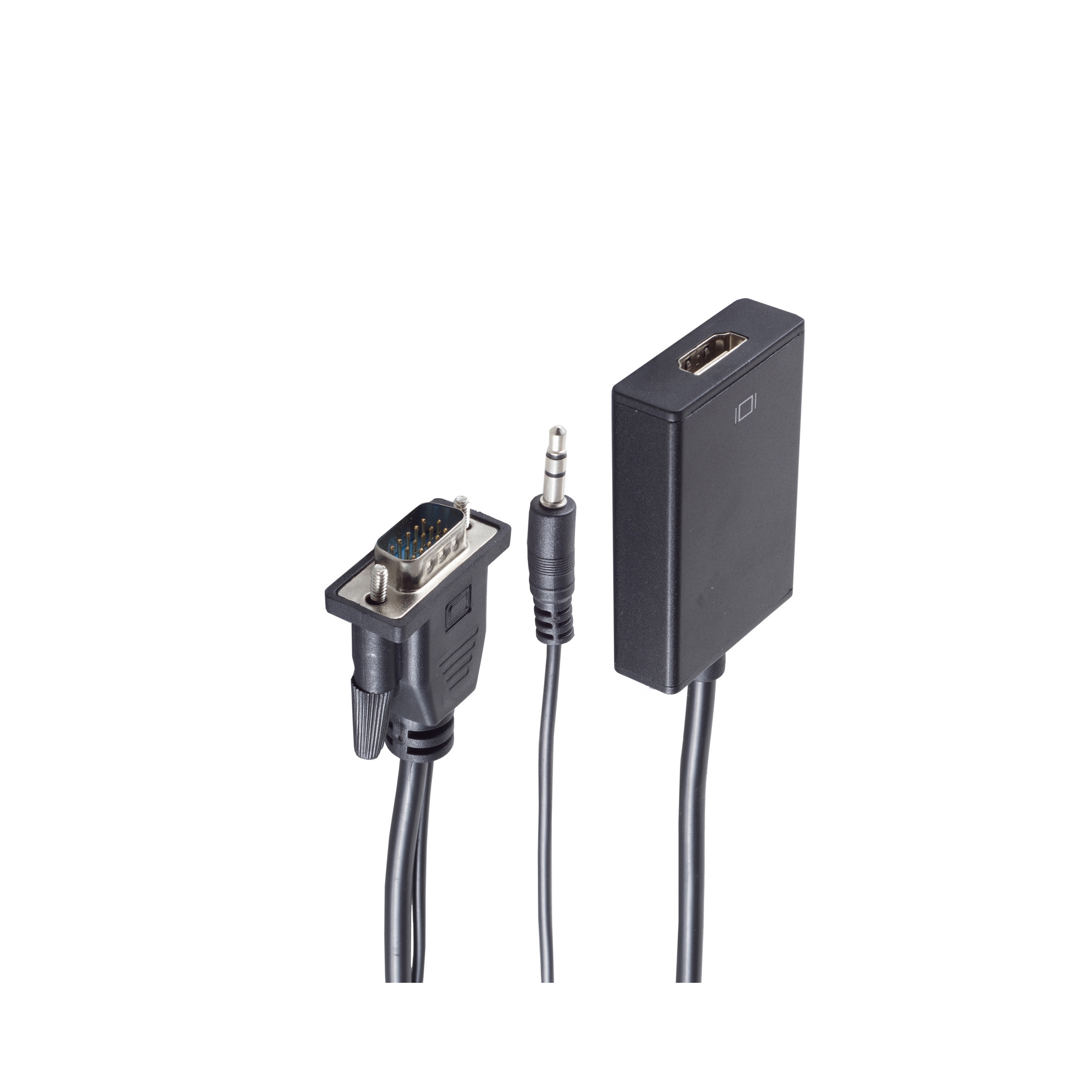 Schwarzer Adapter mit VGA-Anschluss, 3,5-mm-Klinke und HDMI-Anschluss.