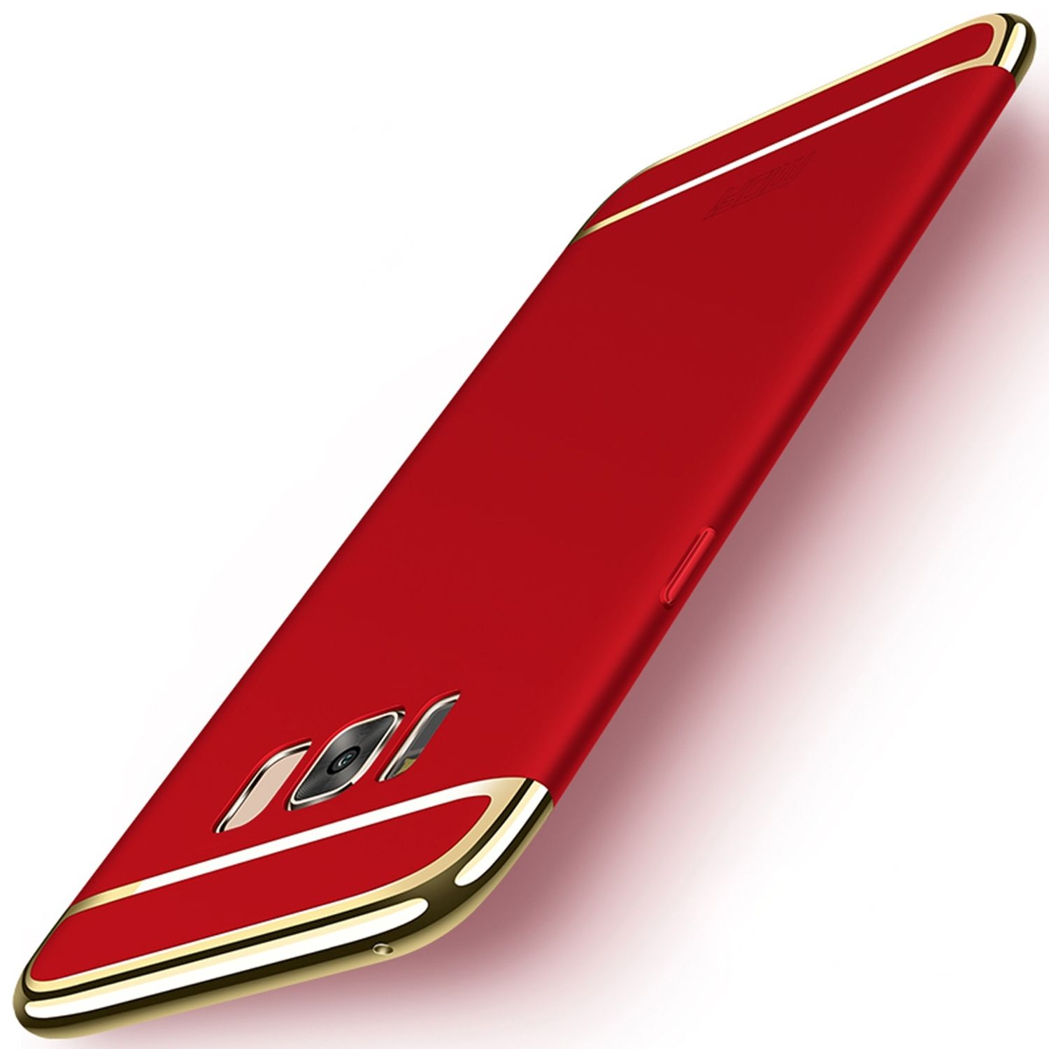 Rotes Smartphone mit goldenen Akzenten. Es hat eine Kamera und eine Lautstärketaste.