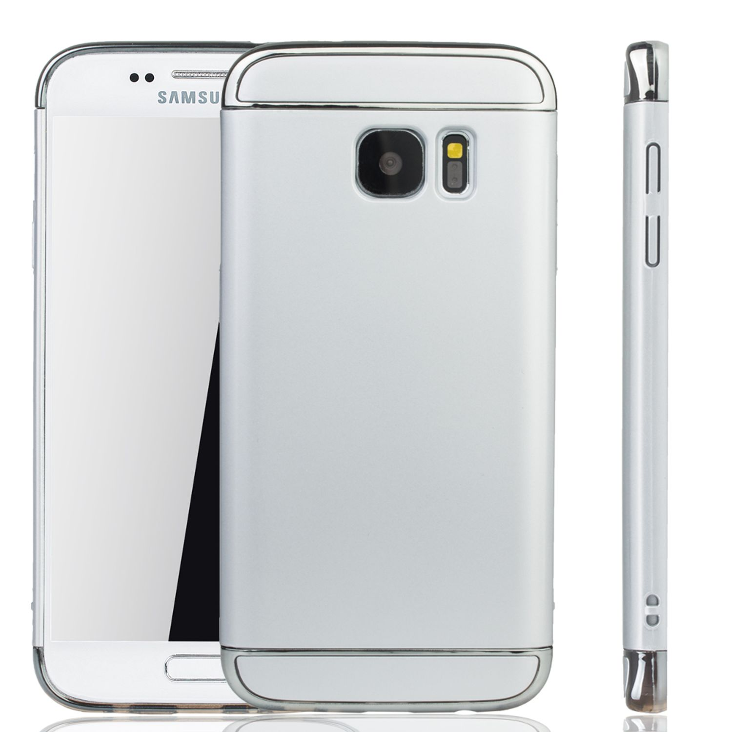 Weißes Handycase mit silbernem Rahmen, das Telefon zeigend.