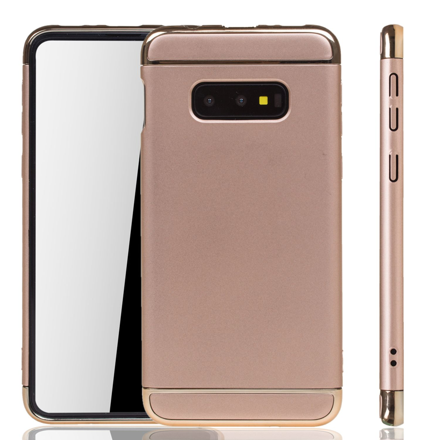 Goldene Handyhülle. Telefon an der Seite. Vorder- und Rückansicht. Weißer Hintergrund.