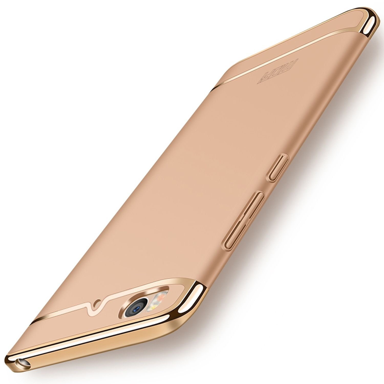 Goldene Handyhülle mit Kameraloch und schlankem Design auf weißer Oberfläche.