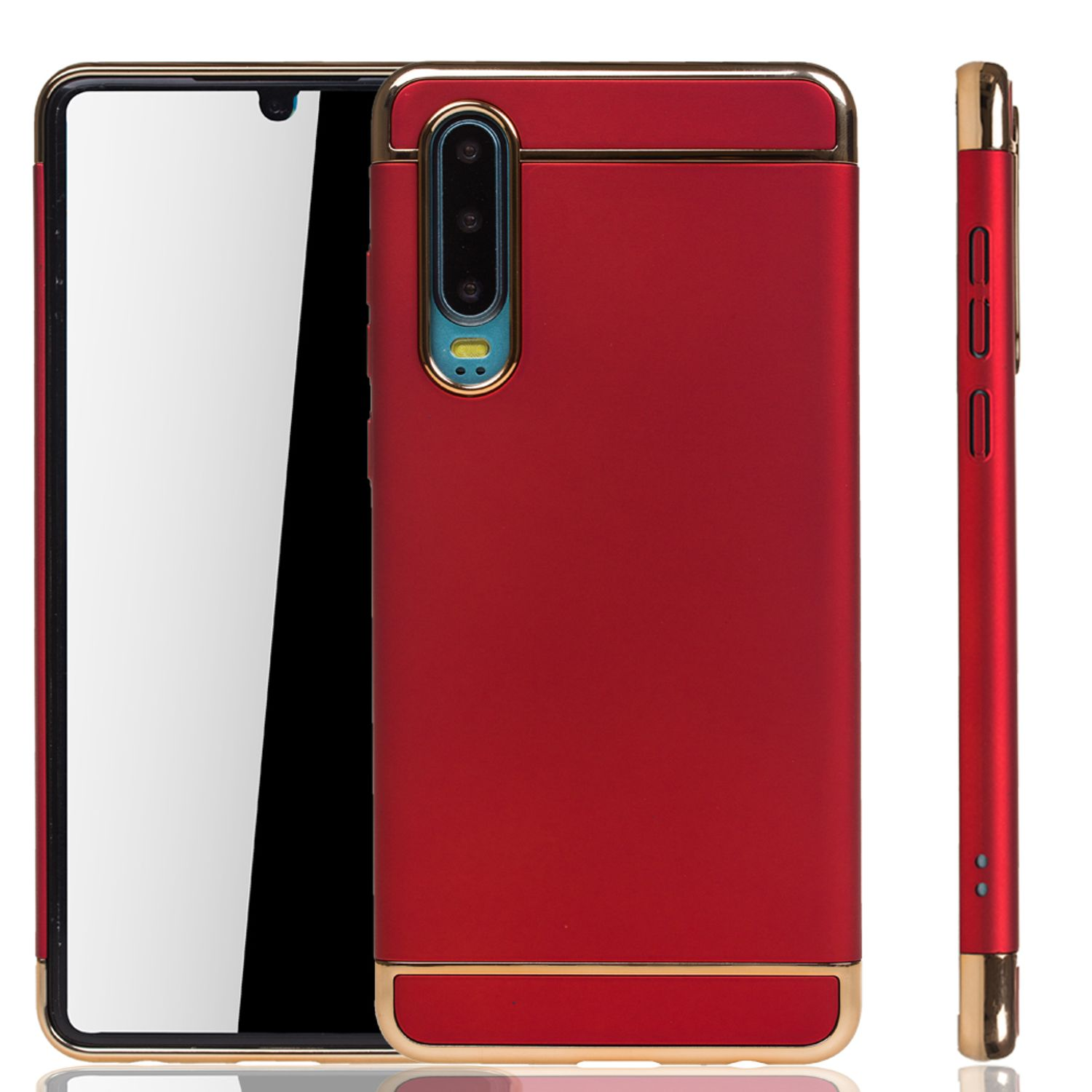Rote Handyhülle mit goldenen Zierleisten. Telefon ist sichtbar. Drei Kameras auf der Rückseite.