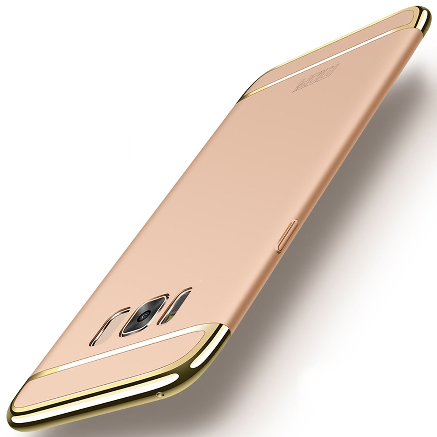 Telefonhülle ist rosa mit goldfarbenem Rand. Angeschnittene Aufnahme, Kamera sichtbar. Hülle glatt.