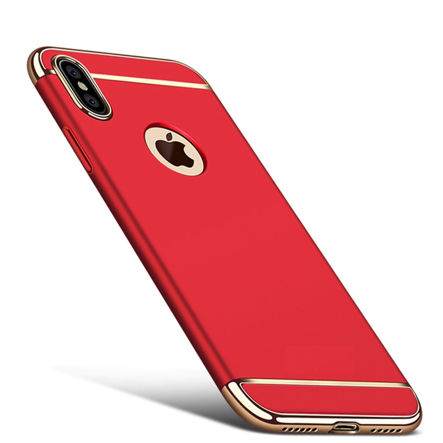 Ein rotes Telefon mit goldenem Besatz. Das Telefon hat ein Apple-Logo. Es liegt diagonal. Hintergrund ist weiß.