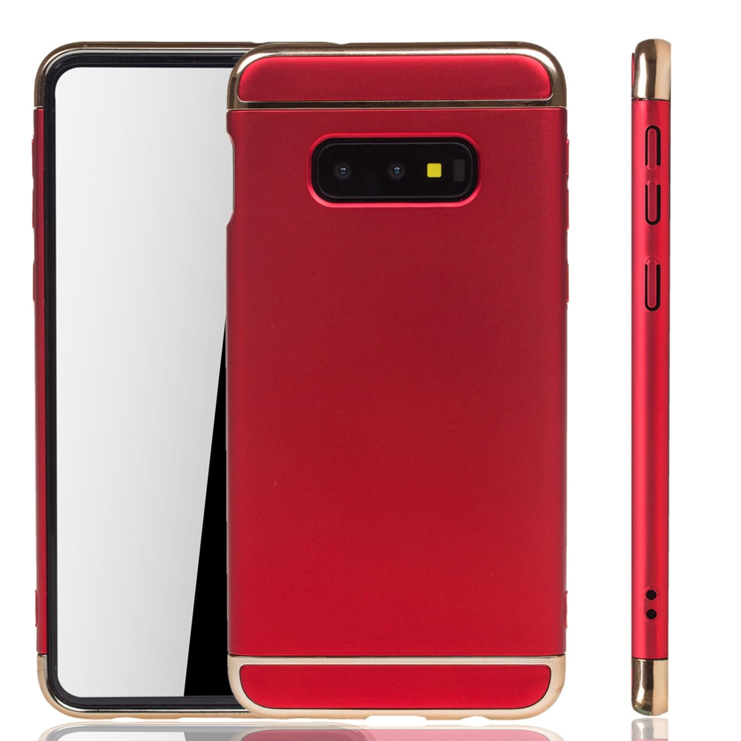 Rote Handyhülle mit goldenem Rand. Seitenansicht zeigt Knöpfe. Dreiteiliges Design, weißer Hintergrund.