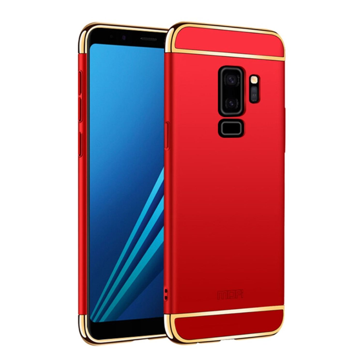 Rote Handyhülle mit goldfarbenem Zierrat. Telefonbildschirm sichtbar. Winkelaufnahme.
