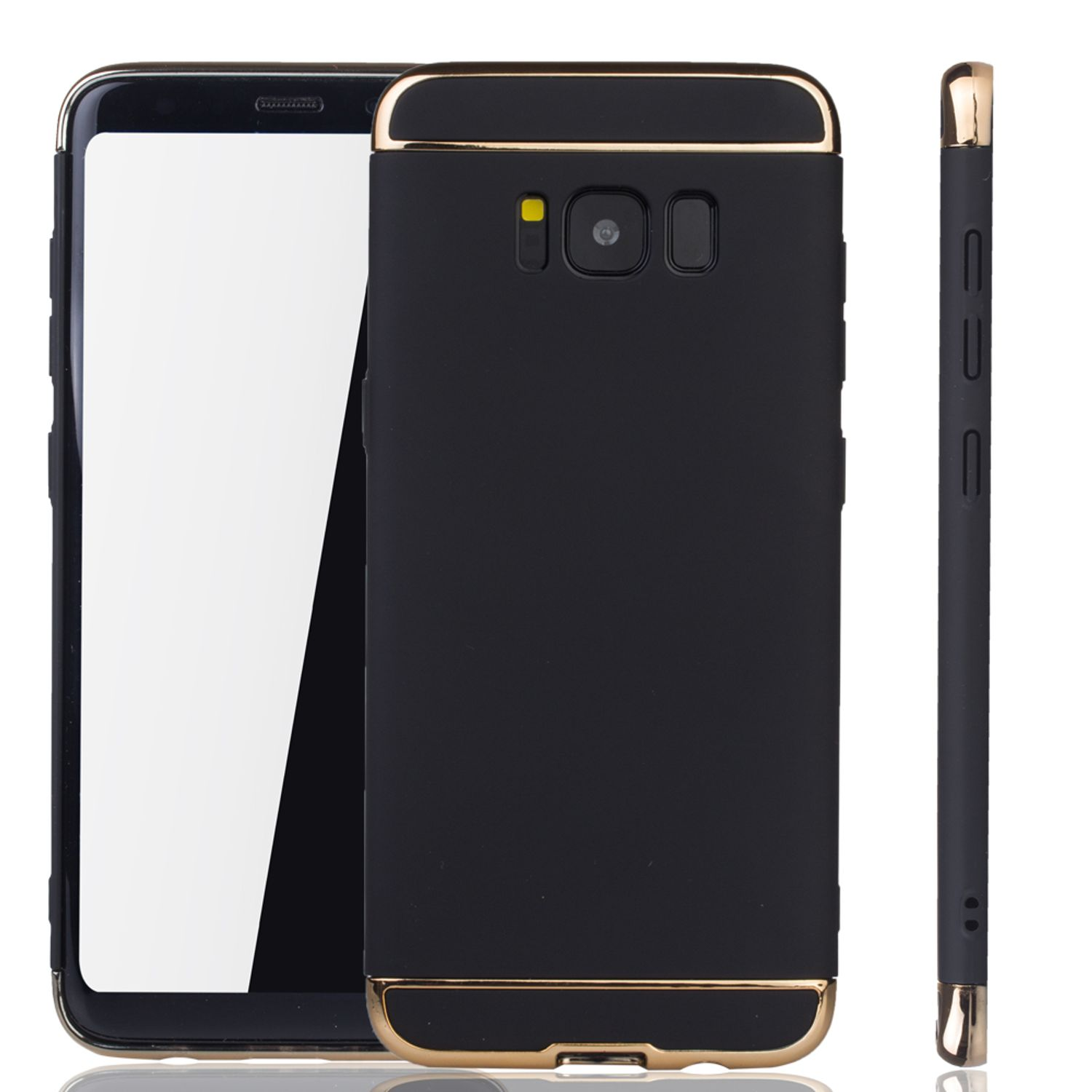 Schwarze Handyhülle mit goldenem Rand und Telefon darin, weißer Hintergrund.