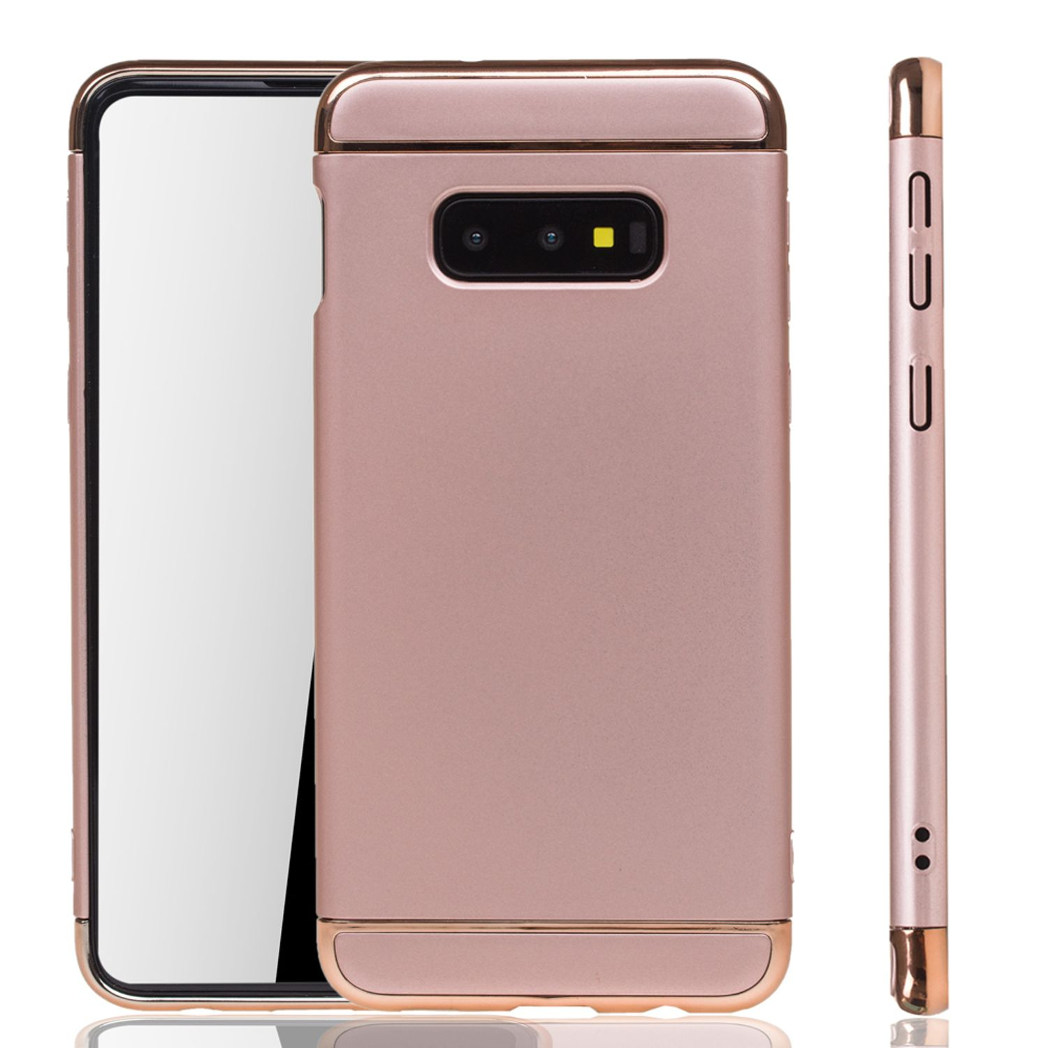 Roségoldene Handyhülle mit Telefon an der Seite. Weißer Hintergrund, goldener Rand.